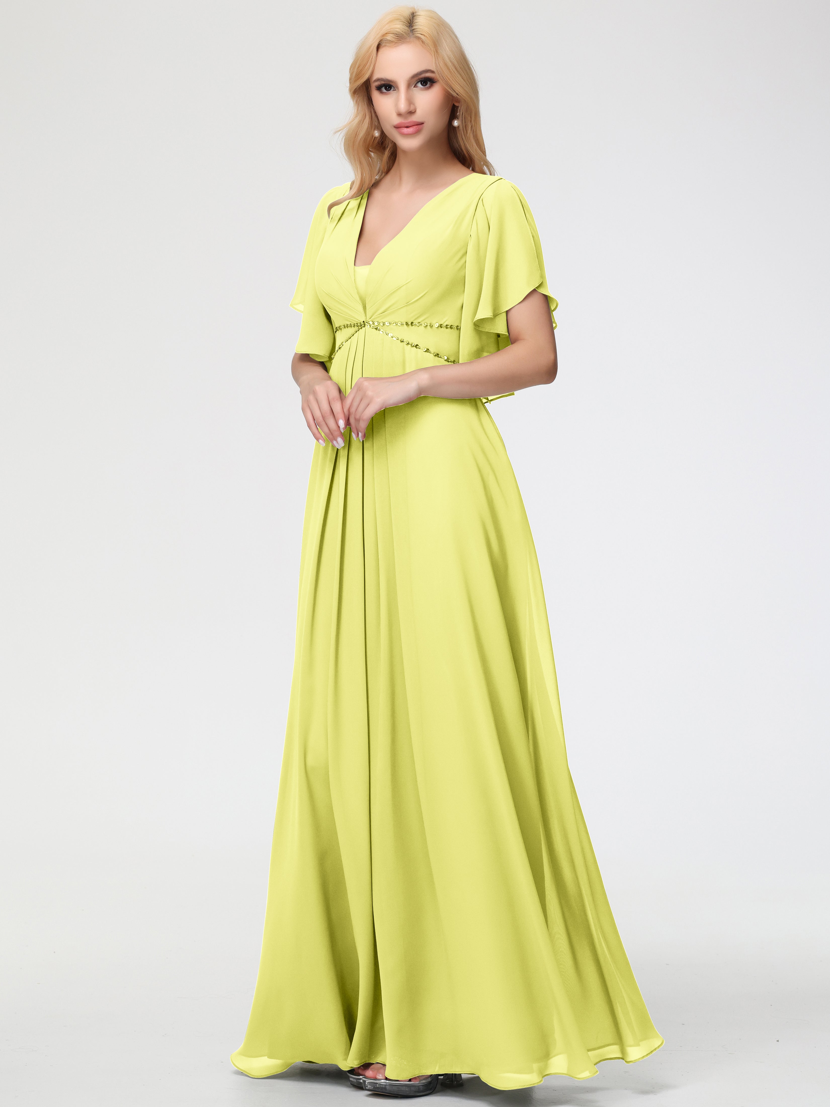 Daffodil Bridesmaid Dress A-Line Short Sleeves V Neck Sequined Empire Waist Long Chiffon Bridesmaid Dresses