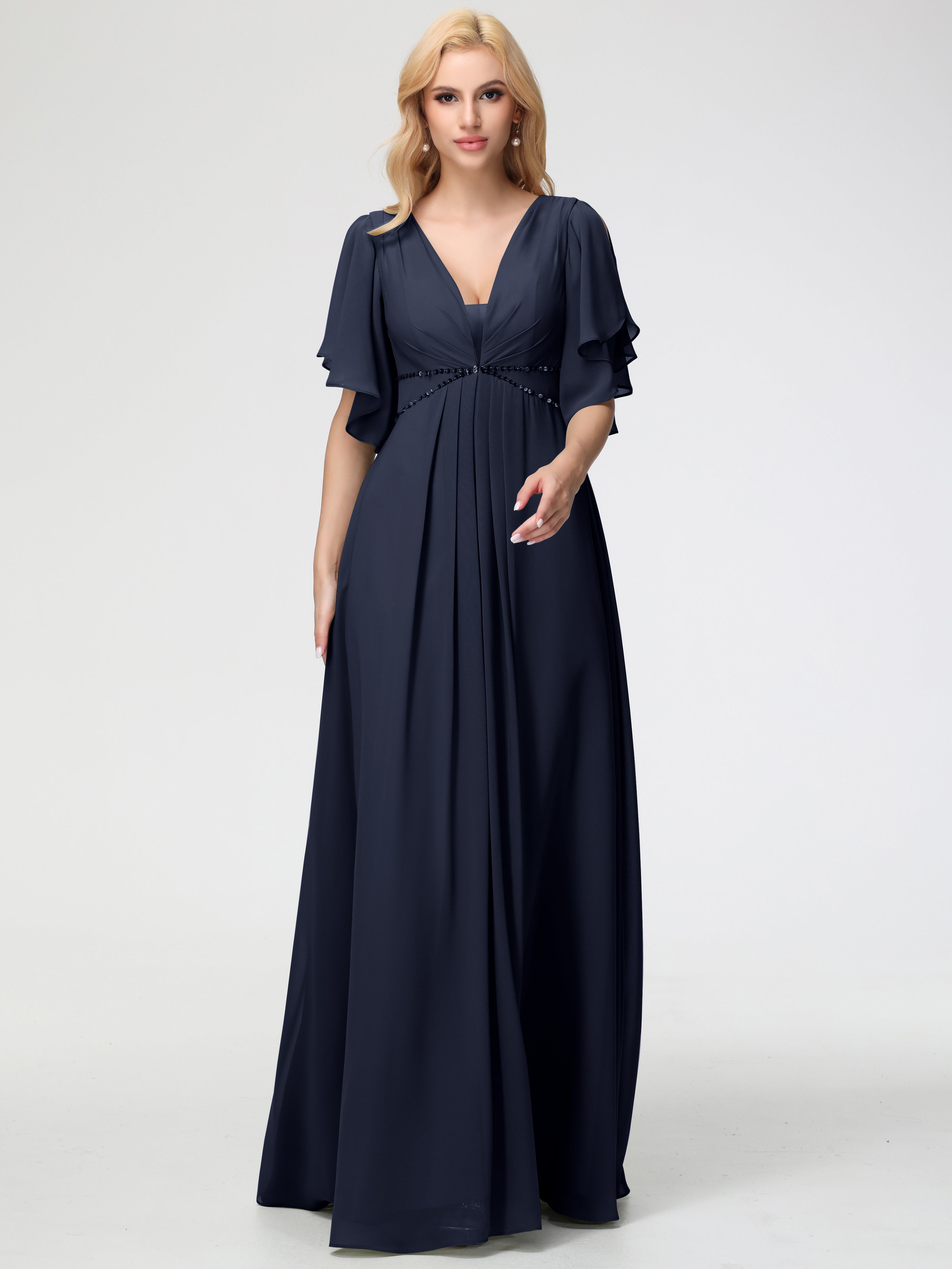 Dark Navy Bridesmaid Dresses A-Line Short Sleeves V Neck Sequined Empire Waist Long Chiffon Bridesmaid Dresses Dark Navy Bridesmaid Dresses A-Line Short Sleeves V Neck Sequined Empire Waist Long Chiffon Bridesmaid Dresses
