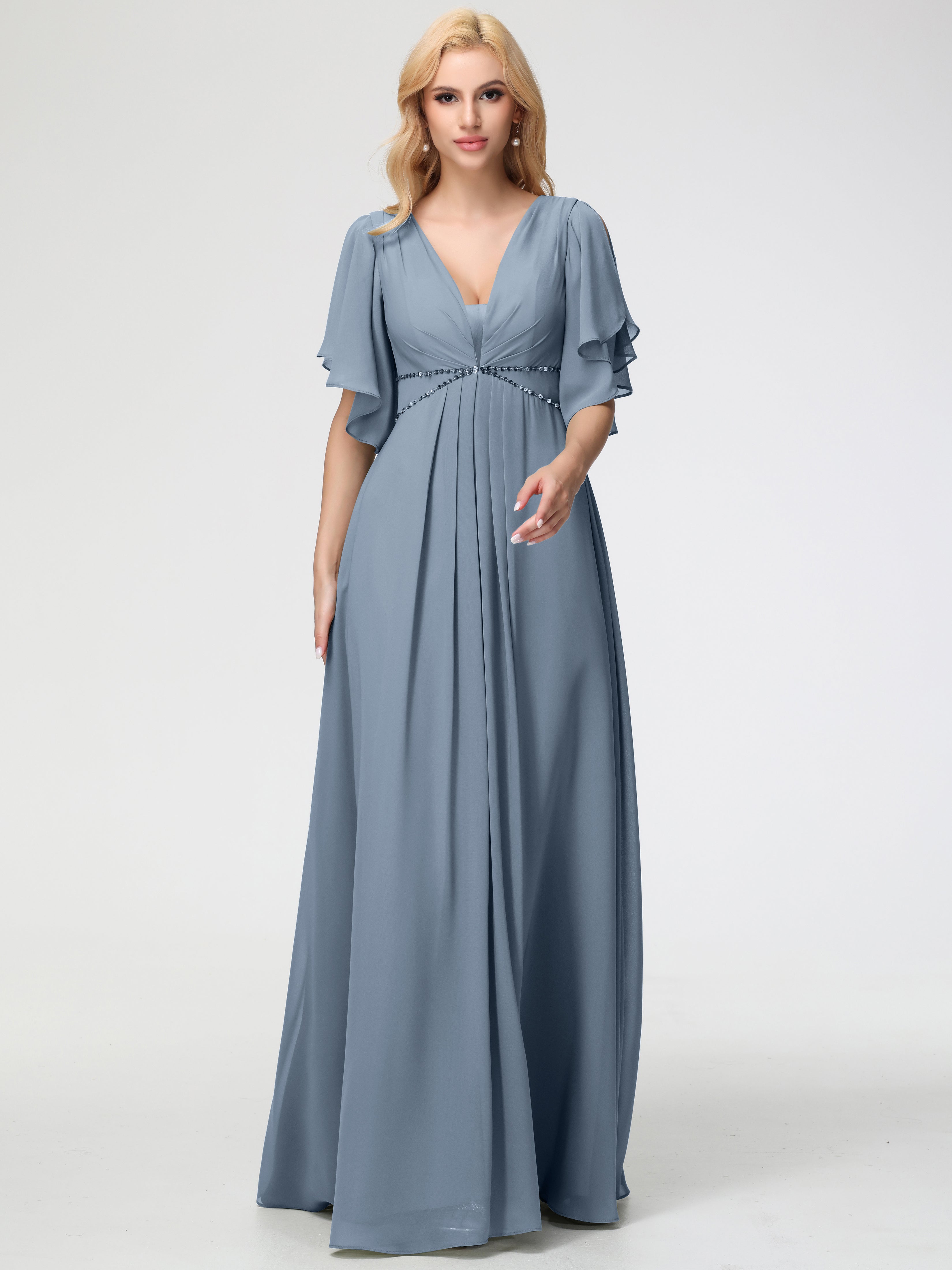 Dusty Blue Bridesmaid Dress A-Line Short Sleeves V Neck Sequined Empire Waist Long Chiffon Bridesmaid Dresses Dusty Blue Bridesmaid Dress A-Line Short Sleeves V Neck Sequined Empire Waist Long Chiffon Bridesmaid Dresses
