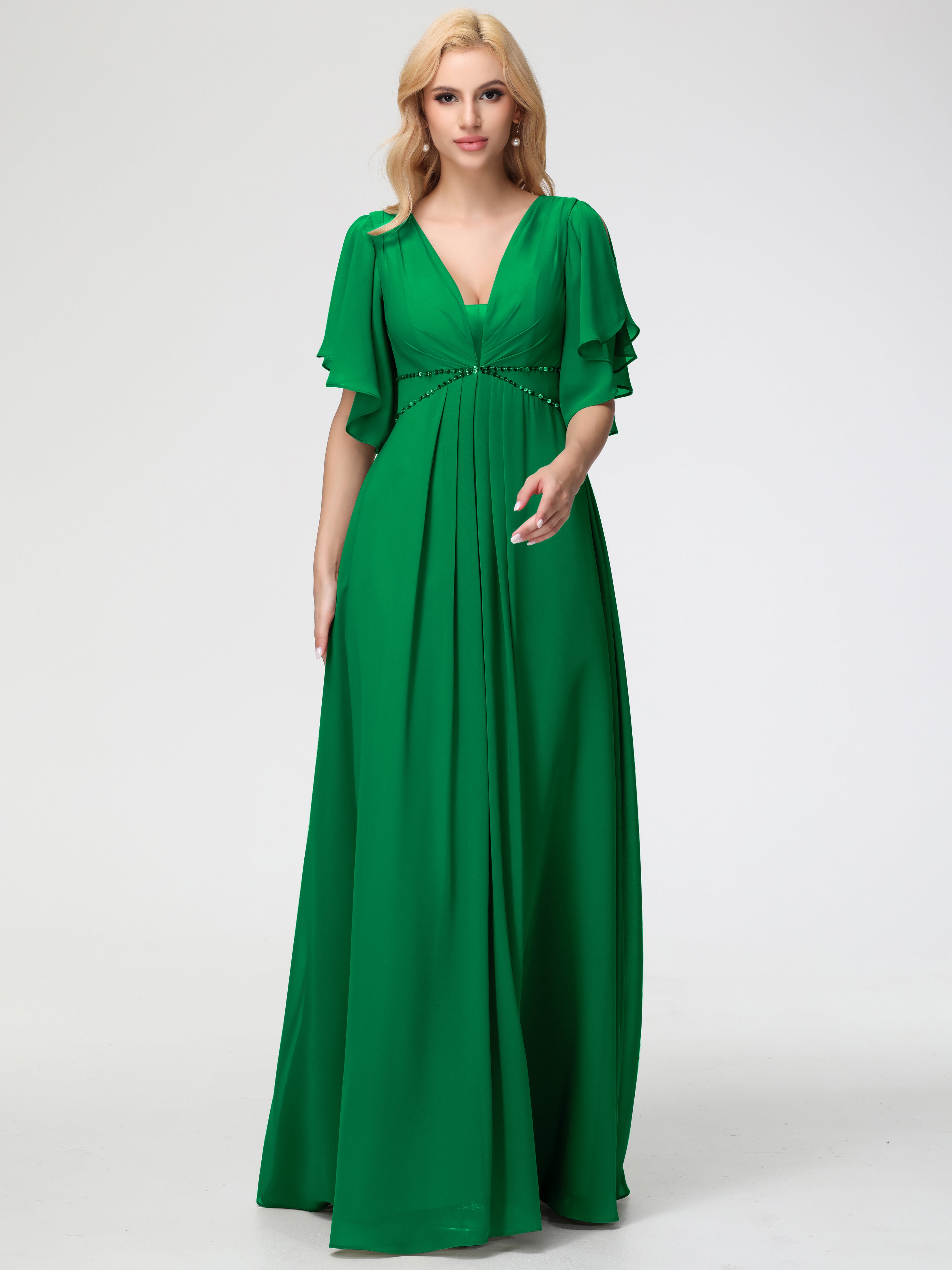 Emerald Green Bridesmaid Dress A-Line Short Sleeves V Neck Sequined Empire Waist Long Chiffon Bridesmaid Dresses Emerald Green Bridesmaid Dress A-Line Short Sleeves V Neck Sequined Empire Waist Long Chiffon Bridesmaid Dresses