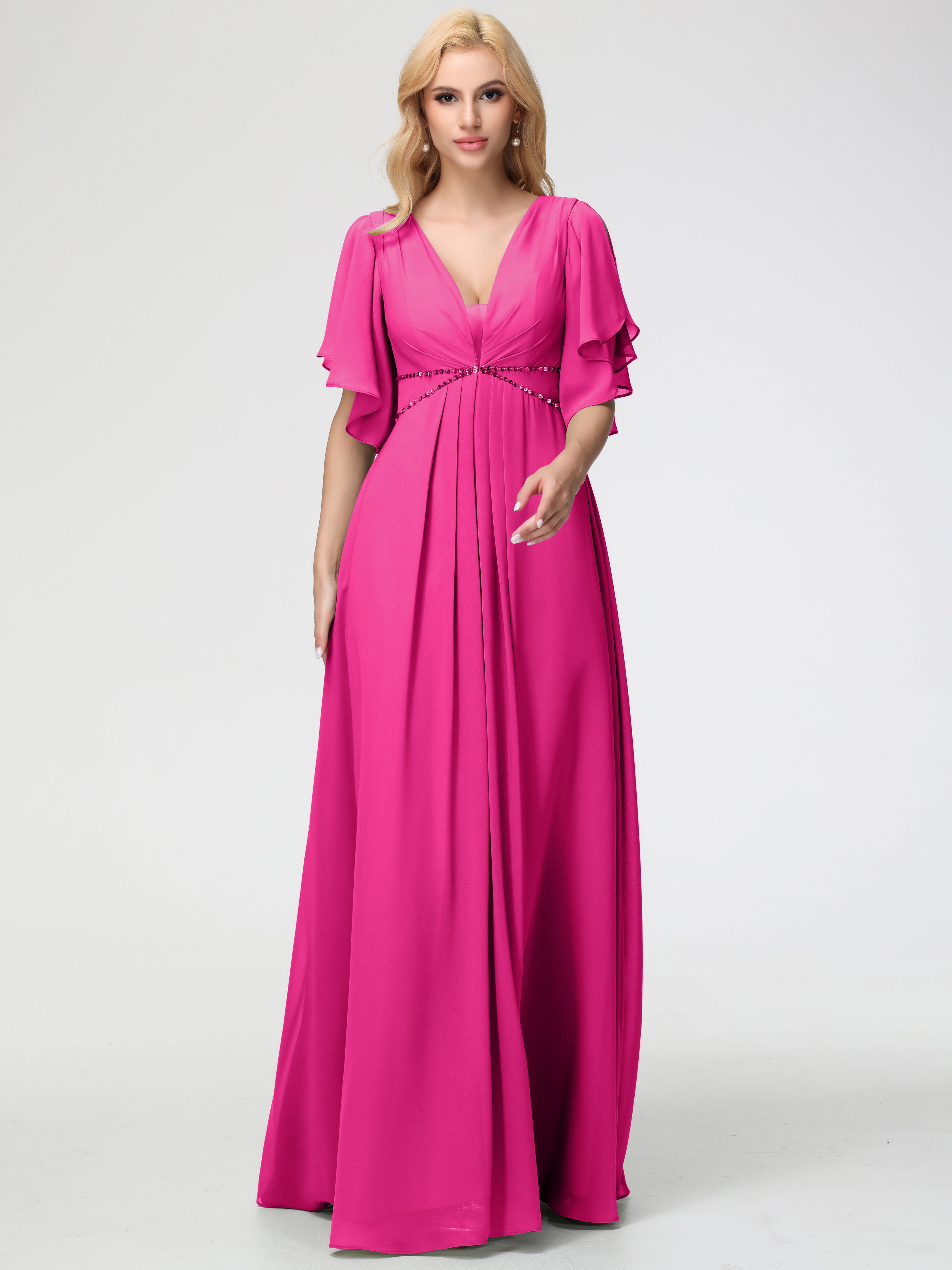 Fuchsia Bridesmaid Dresses A-Line Short Sleeves V Neck Sequined Empire Waist Long Chiffon Bridesmaid Dresses Fuchsia Bridesmaid Dresses A-Line Short Sleeves V Neck Sequined Empire Waist Long Chiffon Bridesmaid Dresses