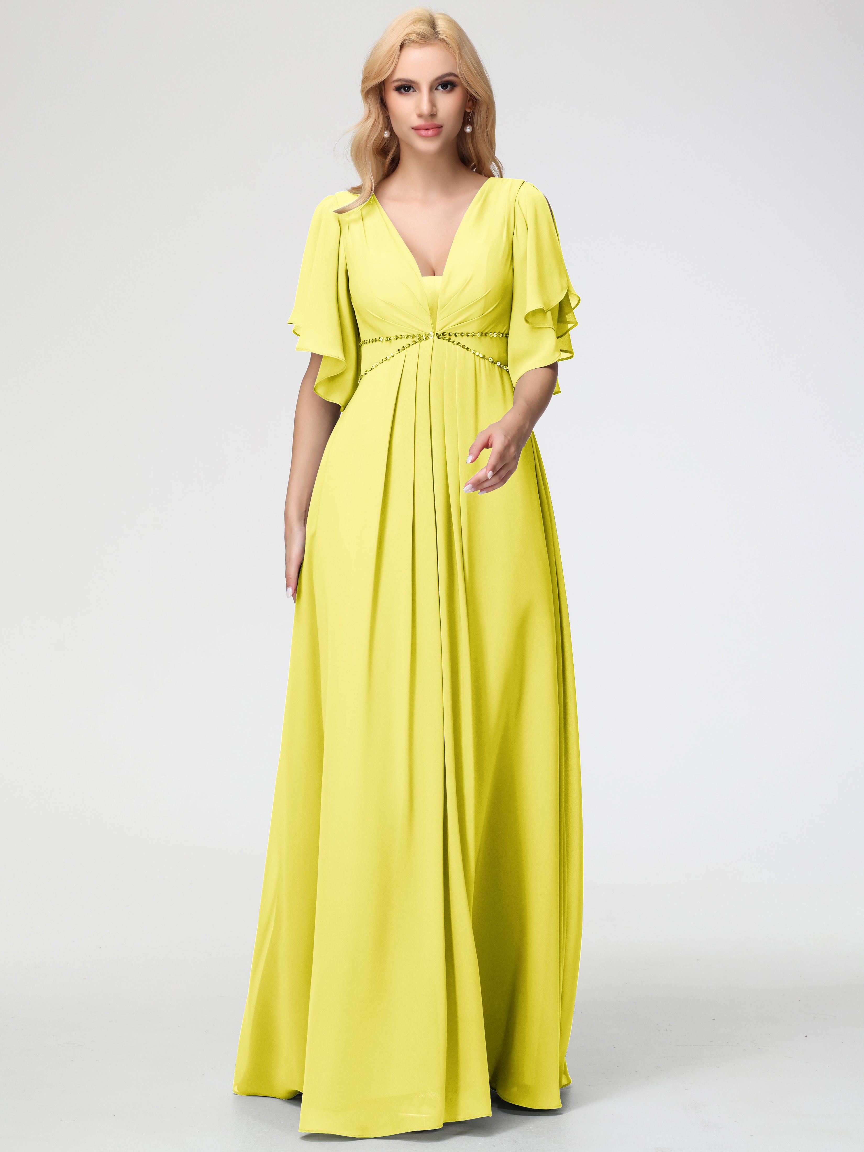 Lemon Bridesmaid Dresses A-Line Short Sleeves V Neck Sequined Empire Waist Long Chiffon Bridesmaid Dresses Lemon Bridesmaid Dresses A-Line Short Sleeves V Neck Sequined Empire Waist Long Chiffon Bridesmaid Dresses