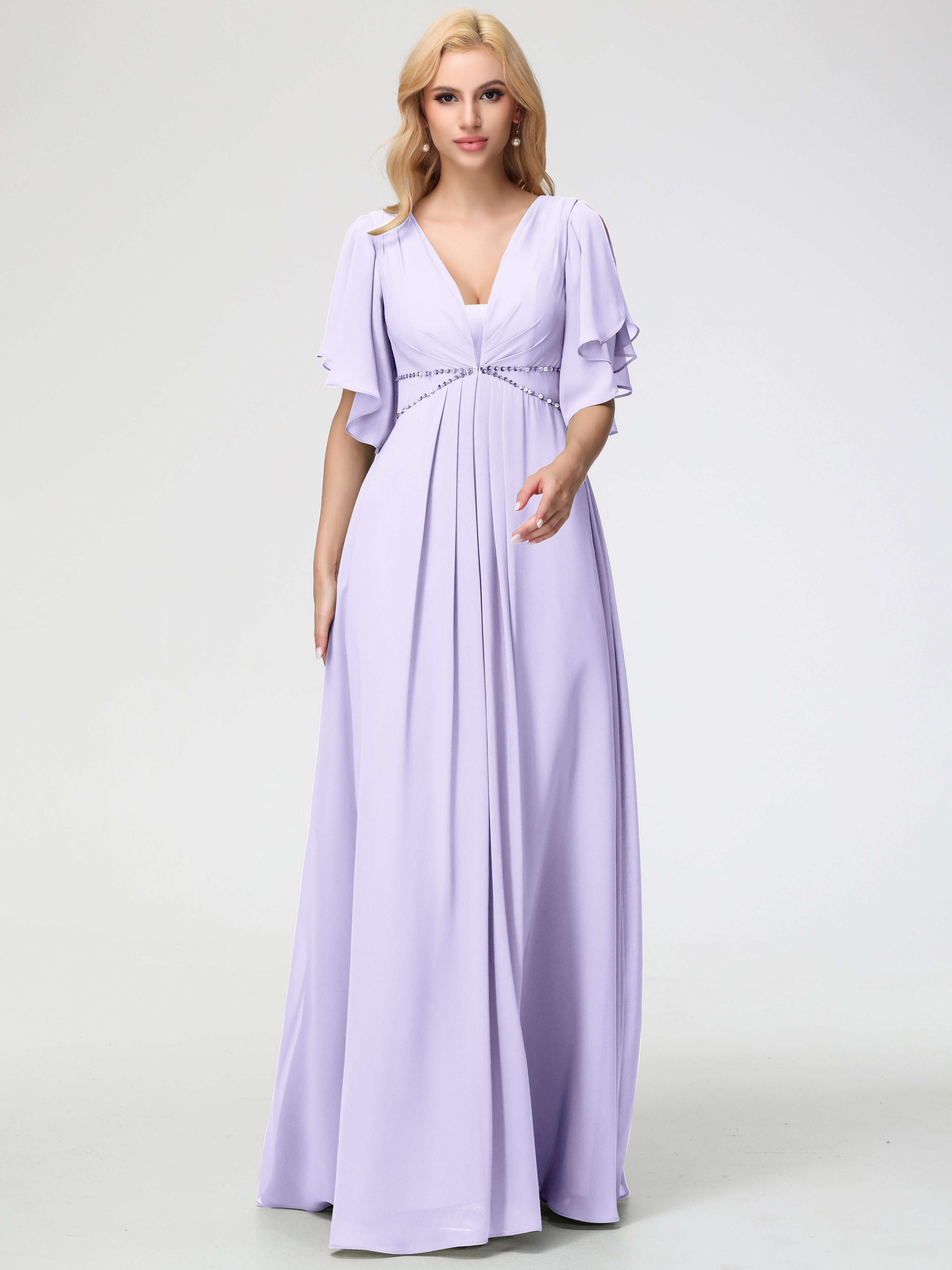 Lilac Bridesmaids Dresses A-Line Short Sleeves V Neck Sequined Empire Waist Long Chiffon Bridesmaid Dresses Lilac Bridesmaids Dresses A-Line Short Sleeves V Neck Sequined Empire Waist Long Chiffon Bridesmaid Dresses