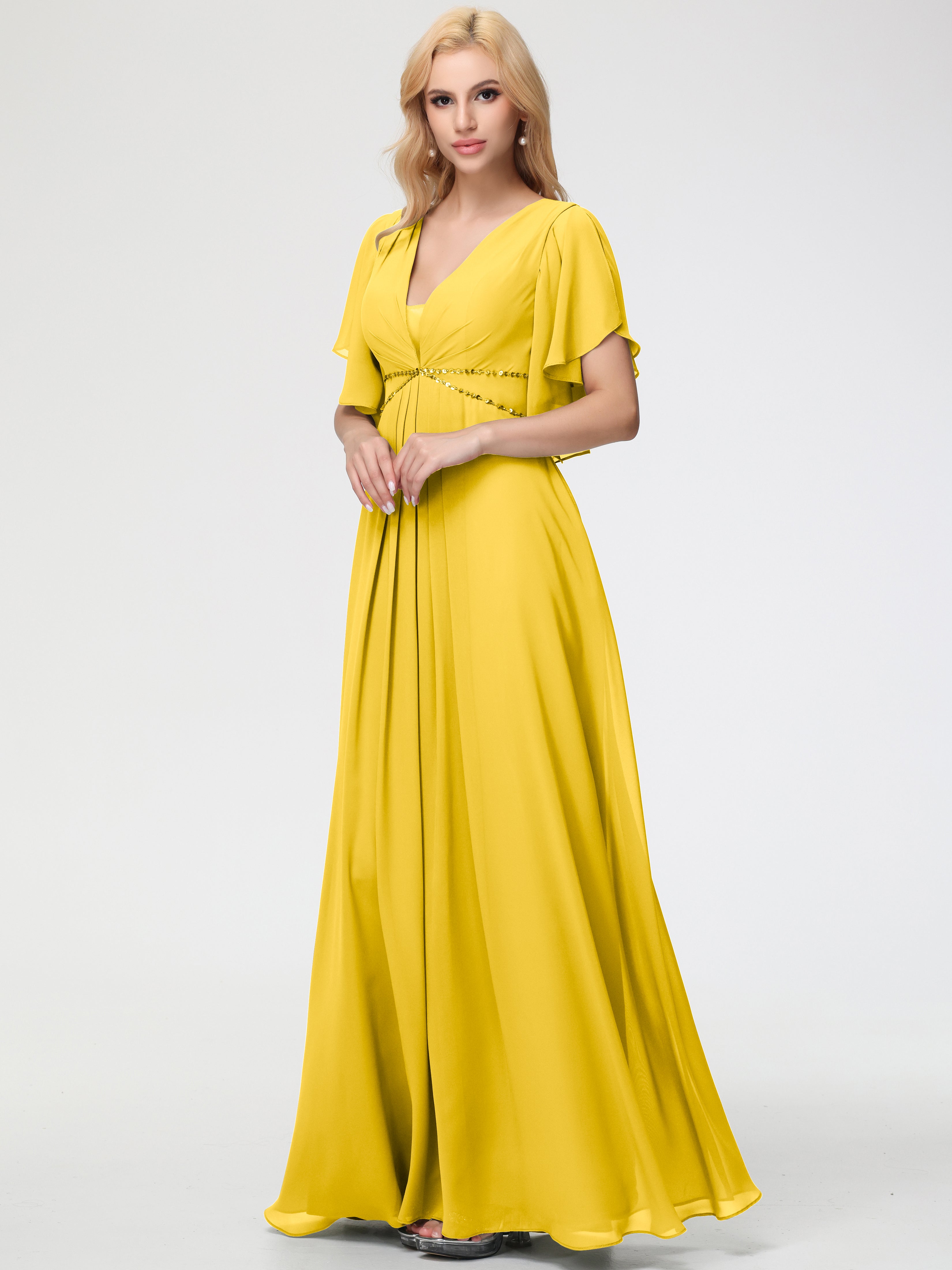 Marigold Yellow Bridesmaid Dresses A-Line Short Sleeves V Neck Sequine Marigold Yellow Bridesmaid Dresses A-Line Short Sleeves V Neck Sequine