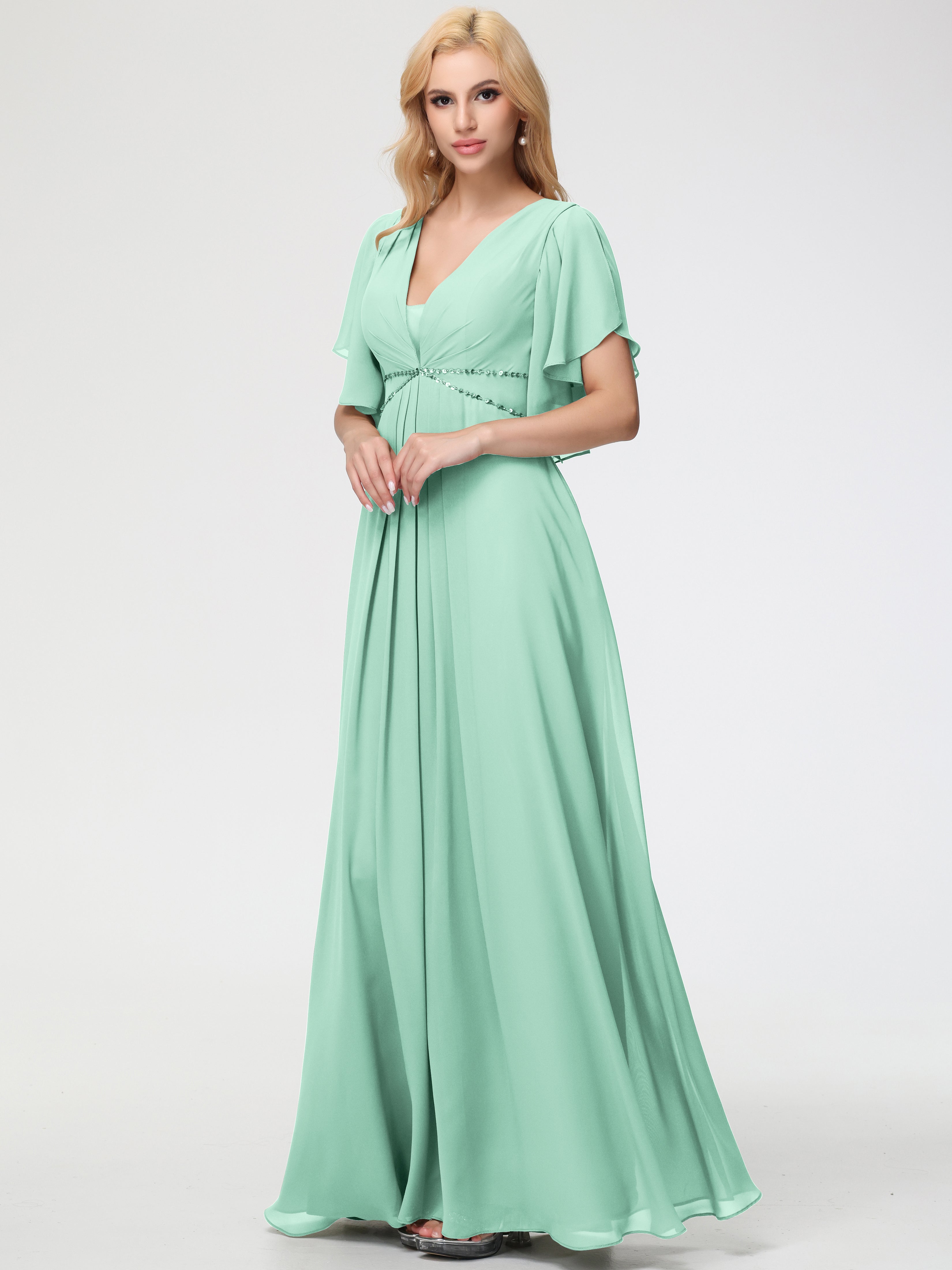 Girls Mint Green Bridesmaid Dress A-Line Short Sleeves V Neck Sequined Empire Waist Long Chiffon Bridesmaid Dresses Girls Mint Green Bridesmaid Dress A-Line Short Sleeves V Neck Sequined Empire Waist Long Chiffon Bridesmaid Dresses