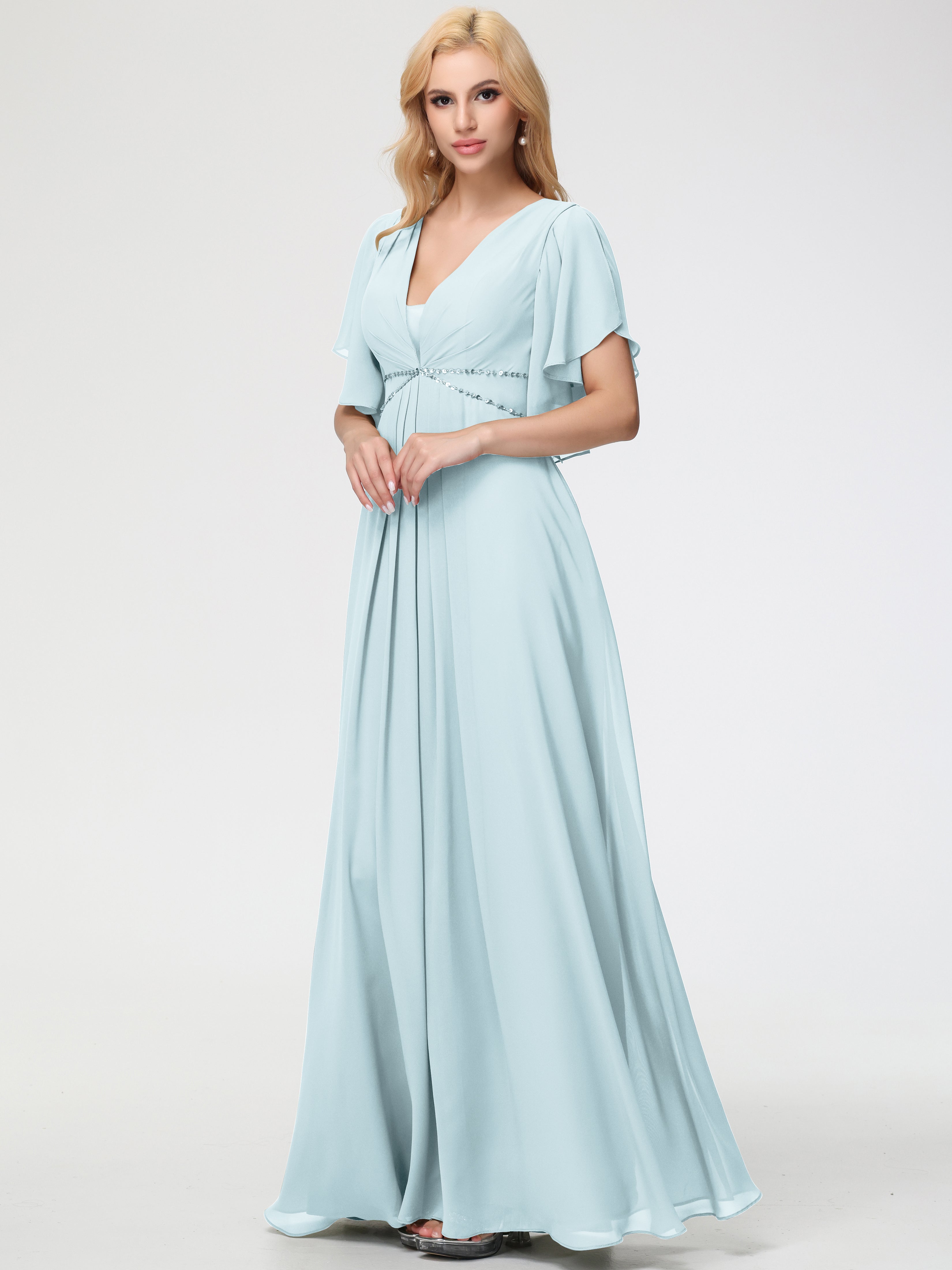 Mist Blue Bridesmaid Dress A-Line Short Sleeves V Neck Sequined Empire Mist Blue Bridesmaid Dress A-Line Short Sleeves V Neck Sequined Empire