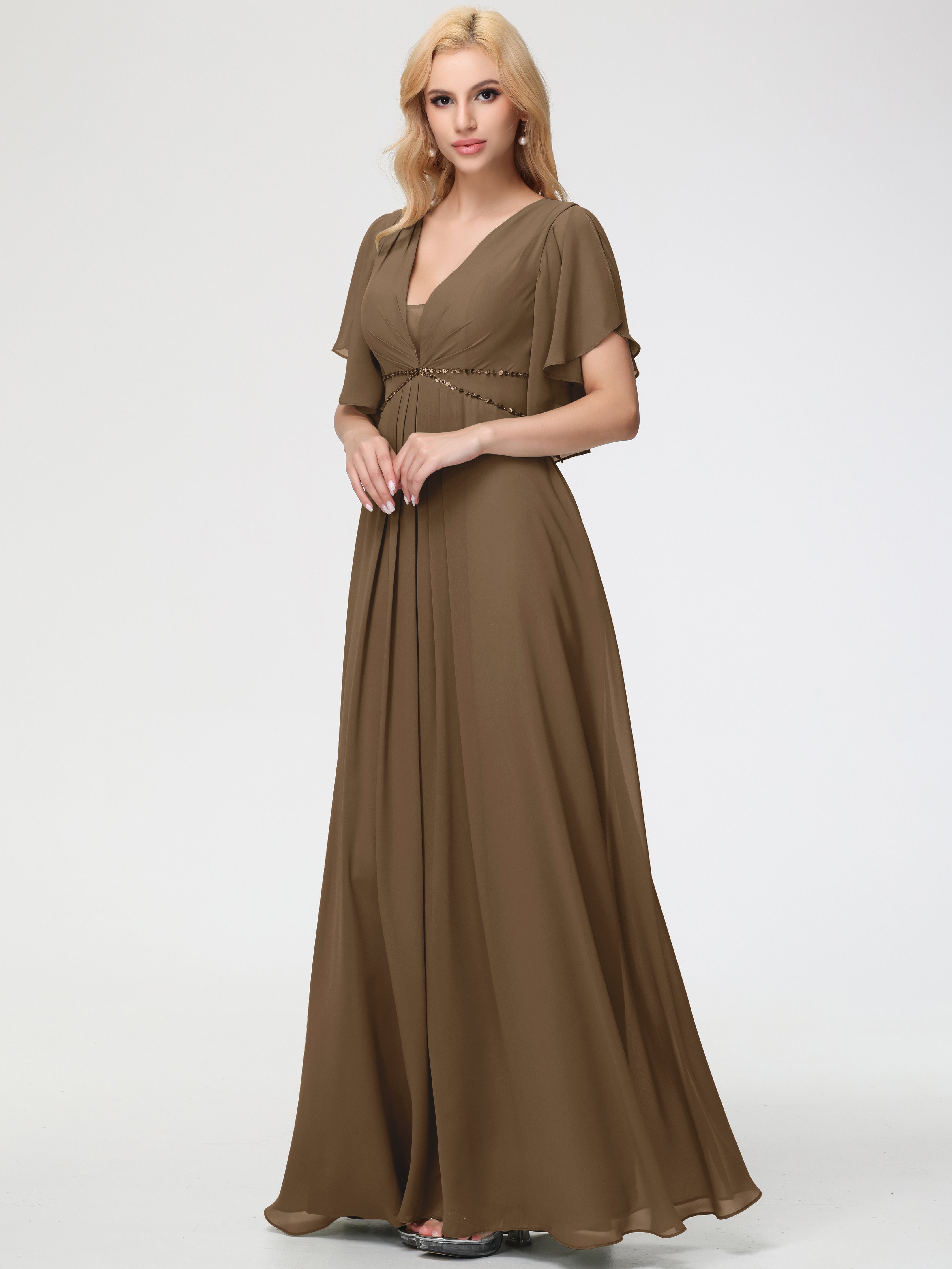 Bridesmaid Dresses Mocha A-Line Short Sleeves V Neck Sequined Empire Waist Long Chiffon Bridesmaid Dresses