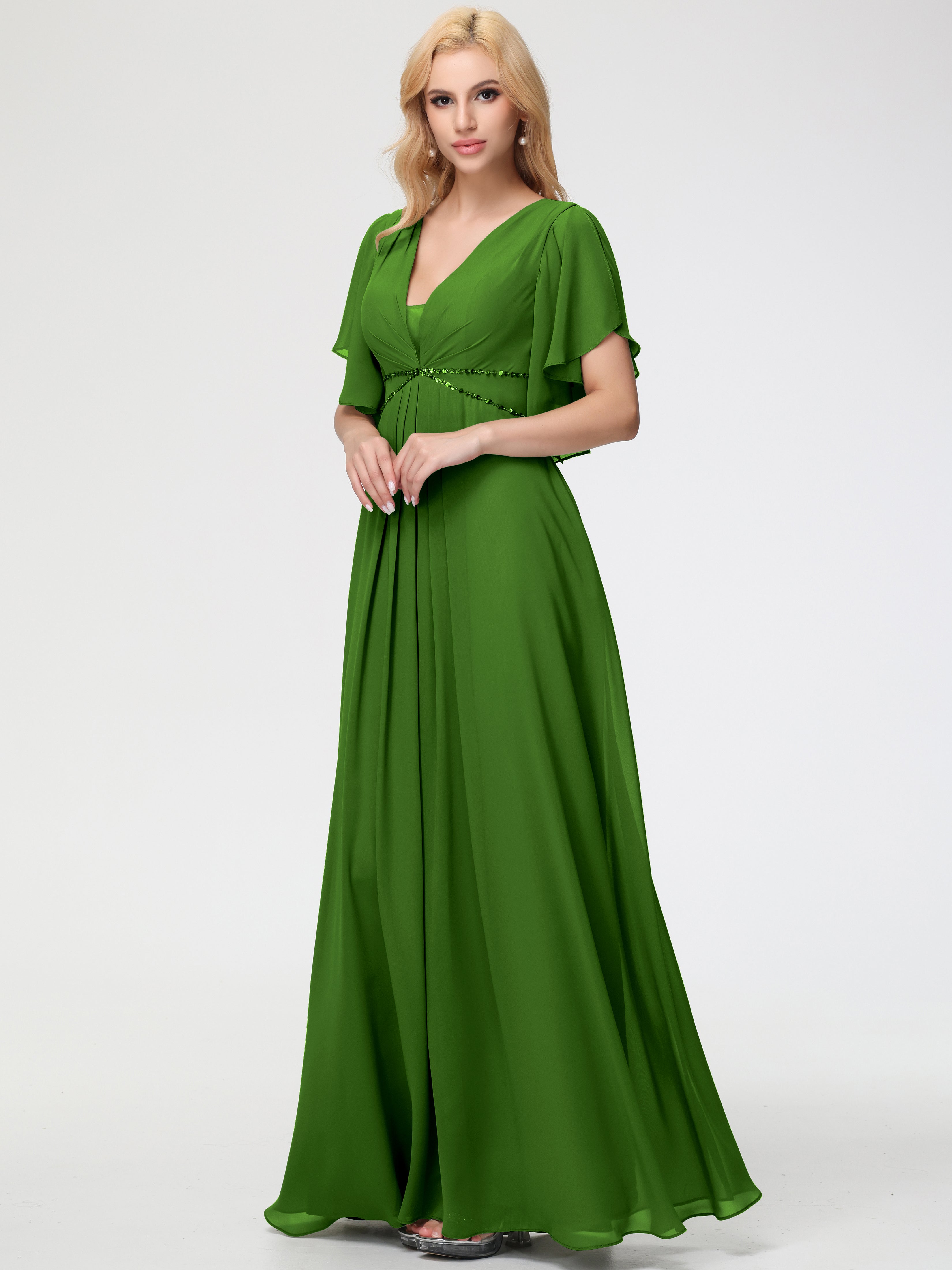 Bridesmaid Dresses Moss Green A-Line Short Sleeves V Neck Sequined Empire Waist Long Chiffon Bridesmaid Dresses