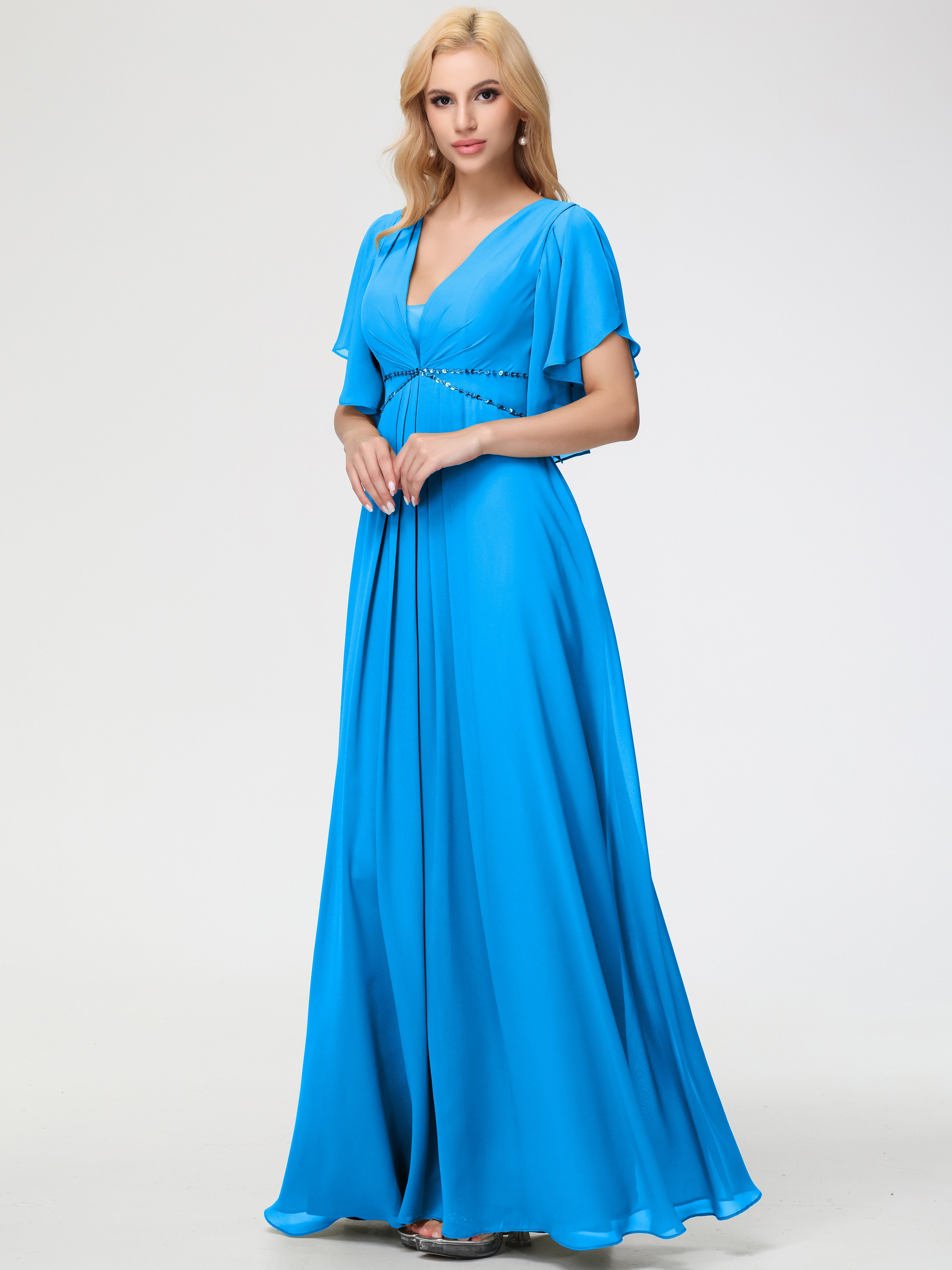 Blue Ocean Bridesmaid Dress A-Line Short Sleeves V Neck Sequined Empire Waist Long Chiffon Bridesmaid Dresses Blue Ocean Bridesmaid Dress A-Line Short Sleeves V Neck Sequined Empire Waist Long Chiffon Bridesmaid Dresses