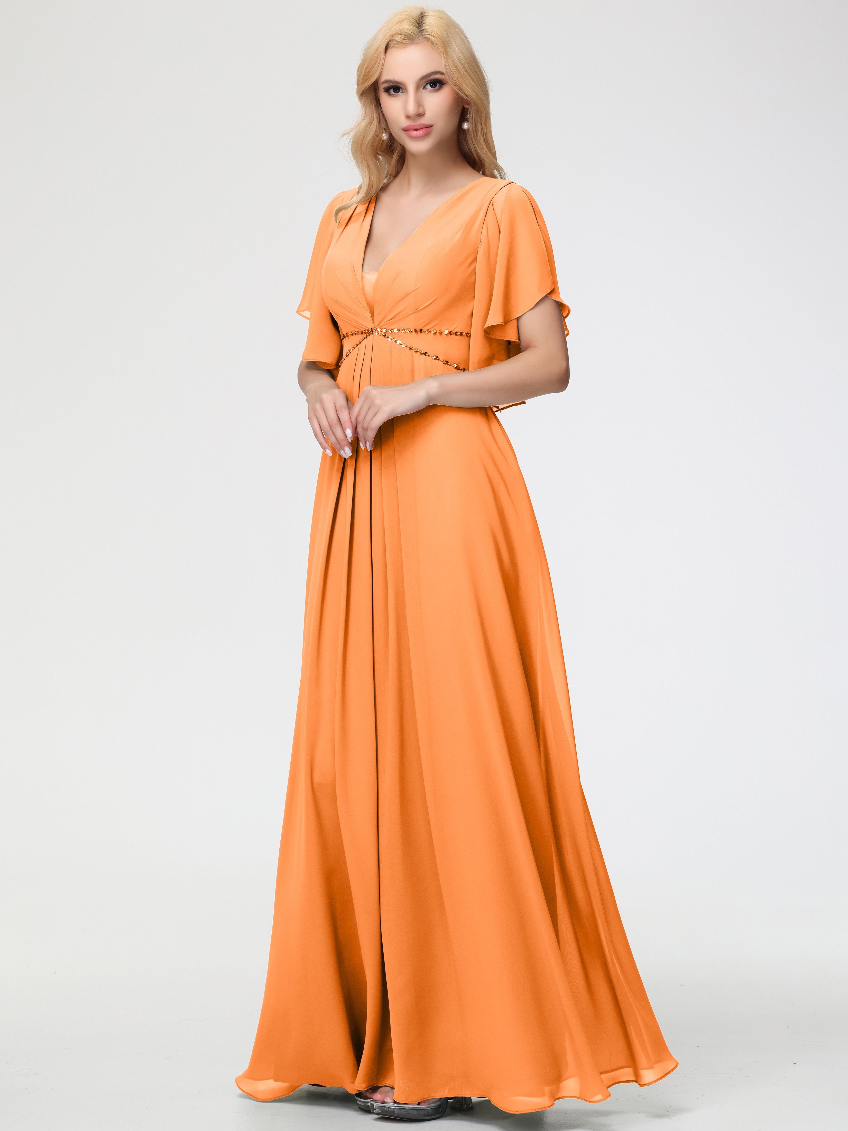 Orange Bridesmaid Dresses A-Line Short Sleeves V Neck Sequined Empire Waist Long Chiffon Bridesmaid Dresses