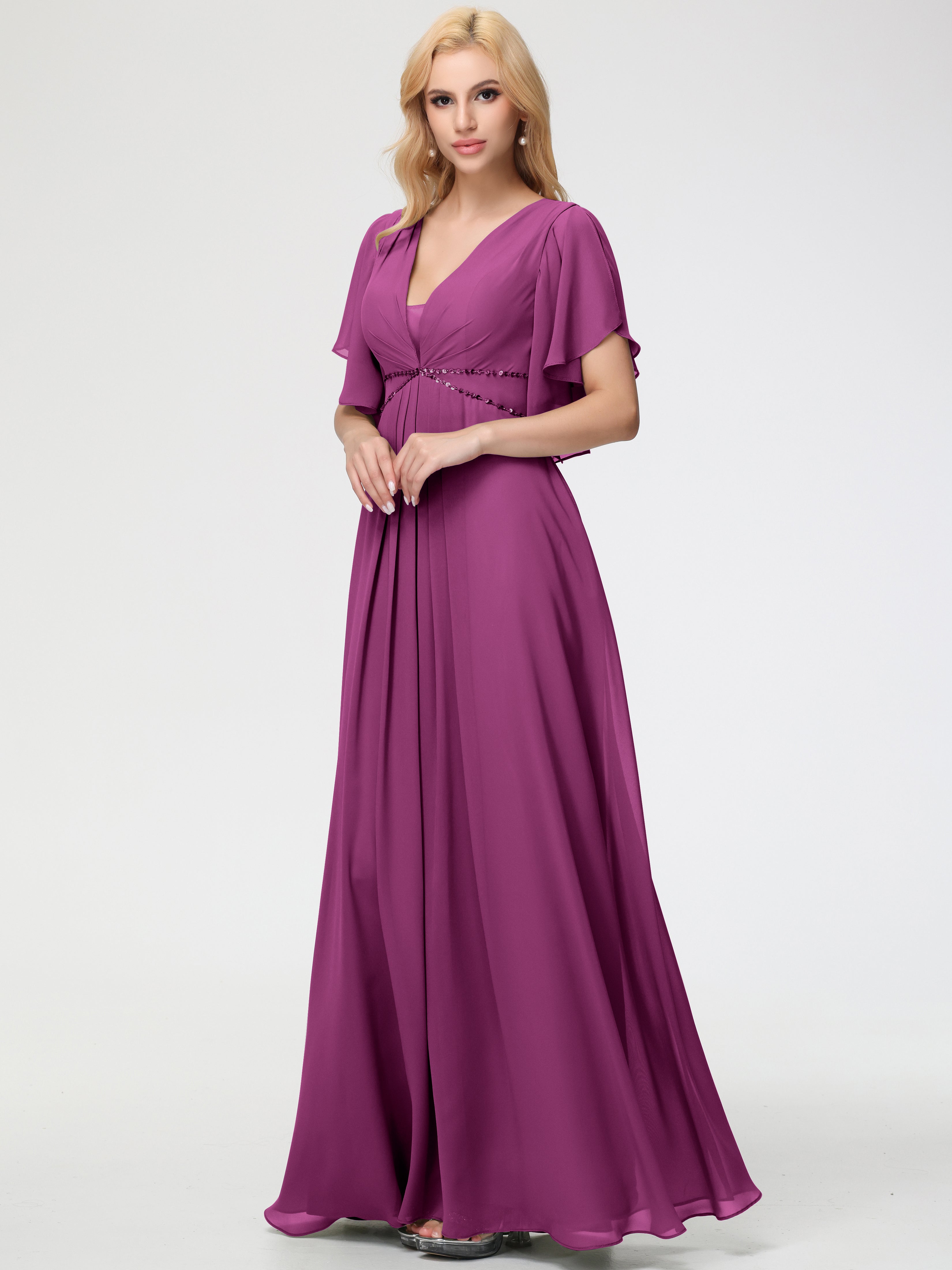 Orchid Purple Bridesmaid Dresses A-Line Short Sleeves V Neck Sequined Empire Waist Long Chiffon Bridesmaid Dresses Orchid Purple Bridesmaid Dresses A-Line Short Sleeves V Neck Sequined Empire Waist Long Chiffon Bridesmaid Dresses