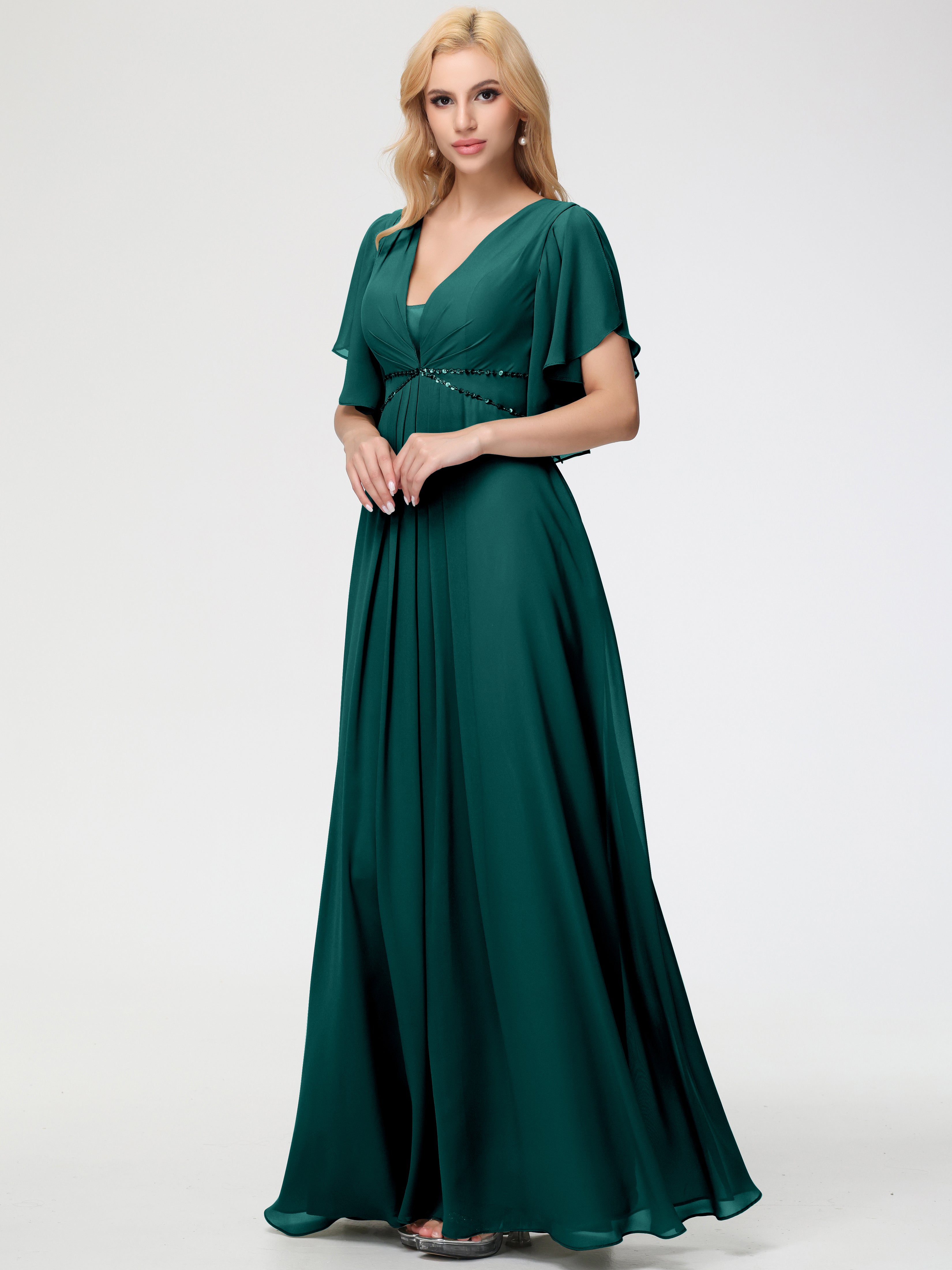 Peacock Bridesmaid Dresses A-Line Short Sleeves V Neck Sequined Empire Waist Long Chiffon Bridesmaid Dresses Peacock Bridesmaid Dresses A-Line Short Sleeves V Neck Sequined Empire Waist Long Chiffon Bridesmaid Dresses
