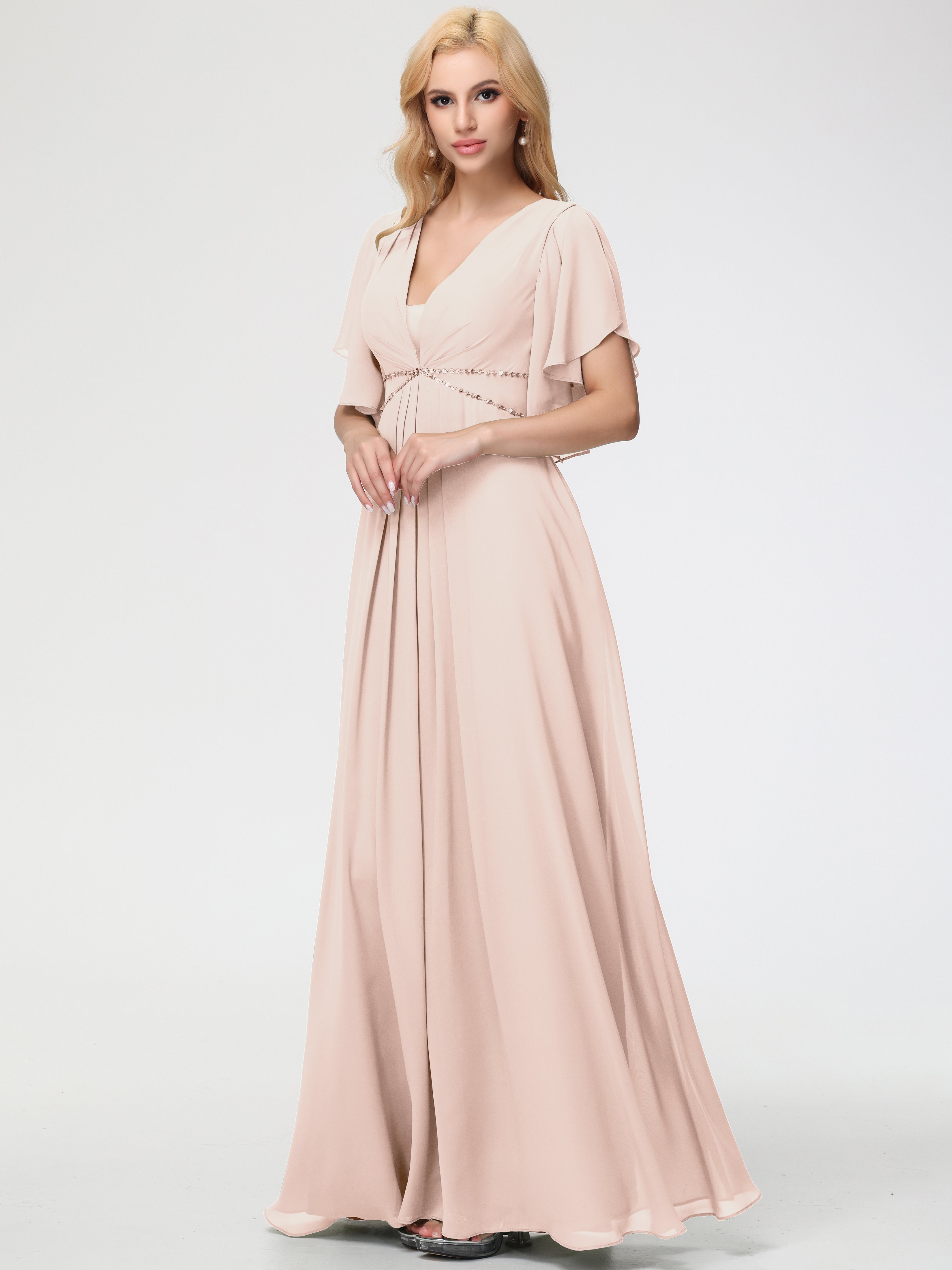 Pearl Pink Bridesmaid Dress A-Line Short Sleeves V Neck Sequined Empire Waist Long Chiffon Bridesmaid Dresses Pearl Pink Bridesmaid Dress A-Line Short Sleeves V Neck Sequined Empire Waist Long Chiffon Bridesmaid Dresses