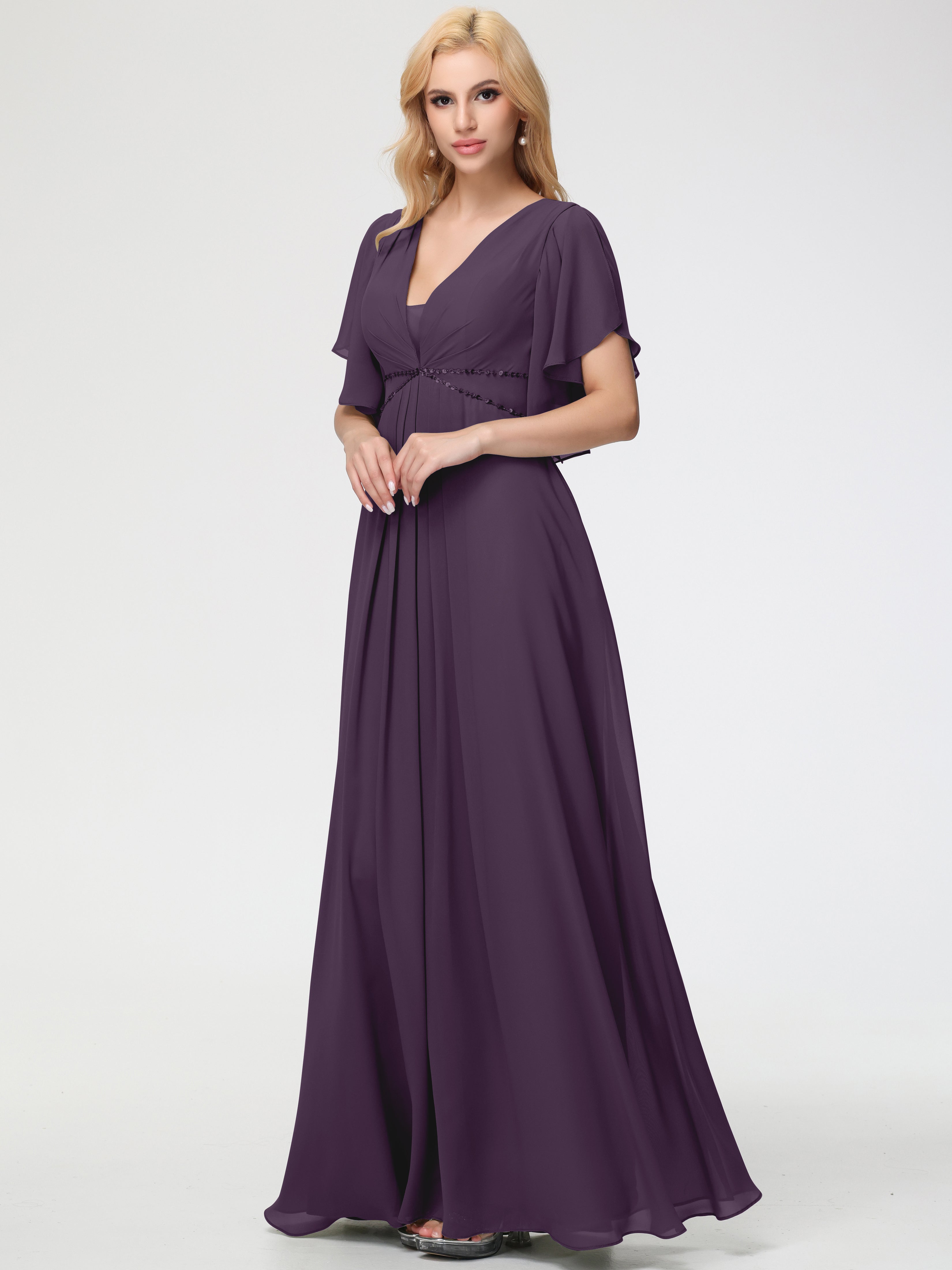 Plum Purple Bridesmaid Dresses A-Line Short Sleeves V Neck Sequined Em Plum Purple Bridesmaid Dresses A-Line Short Sleeves V Neck Sequined Em
