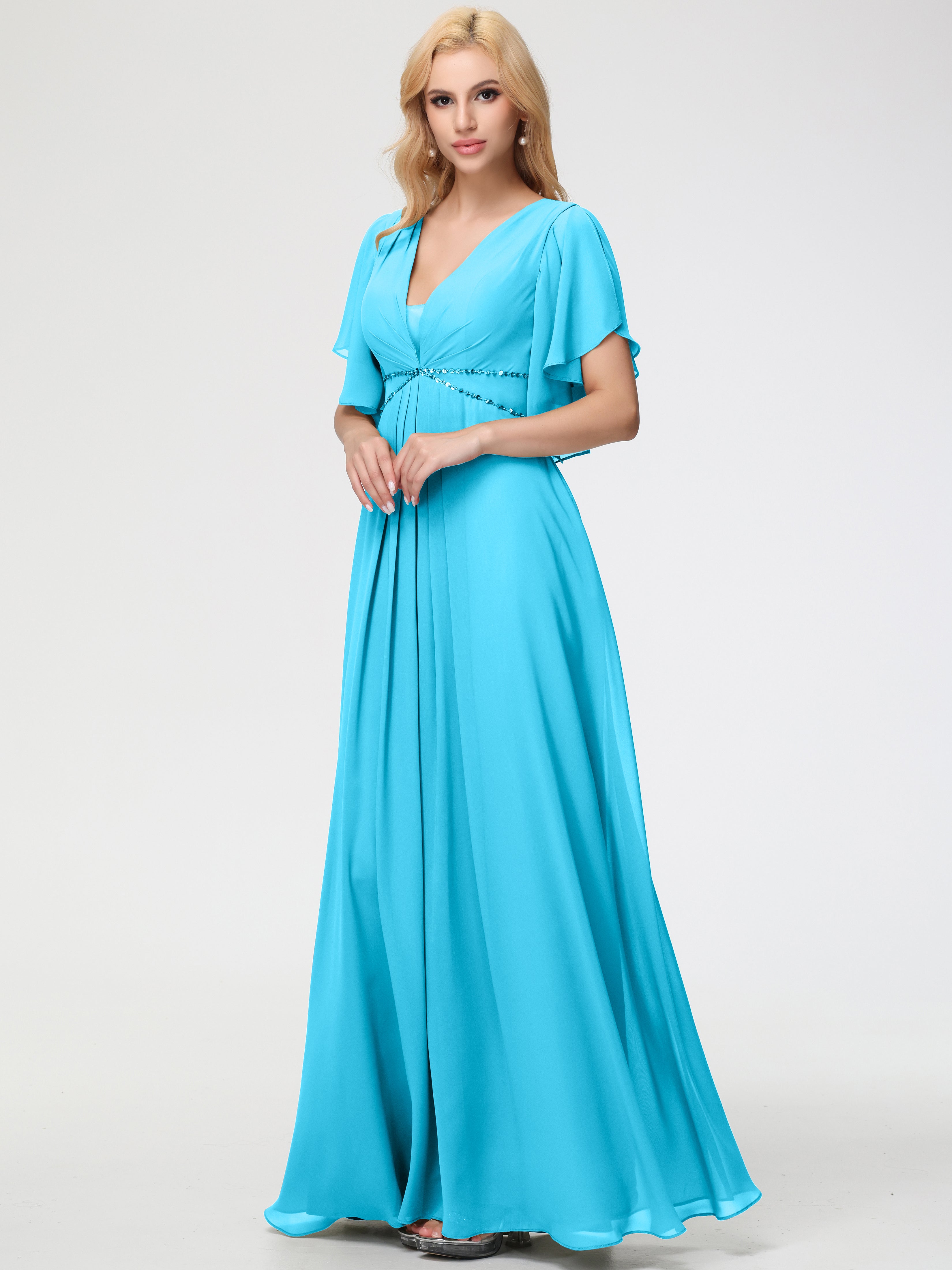 Pool Bridesmaid Dress A-Line Short Sleeves V Neck Sequined Empire Waist Long Chiffon Bridesmaid Dresses Pool Bridesmaid Dress A-Line Short Sleeves V Neck Sequined Empire Waist Long Chiffon Bridesmaid Dresses