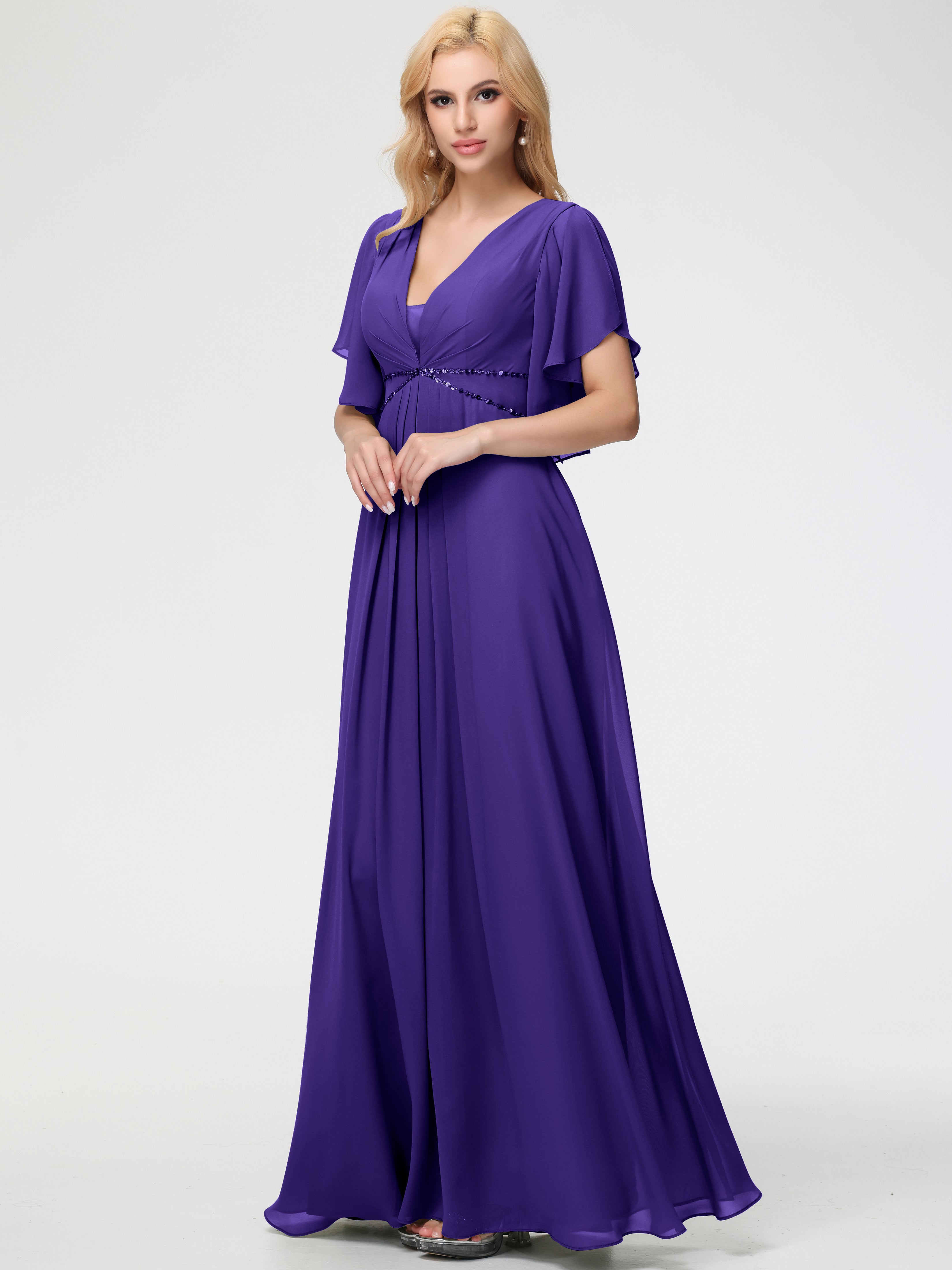 Regency Purple Bridesmaid Dress A-Line Short Sleeves V Neck Sequined Empire Waist Long Chiffon Bridesmaid Dresses Regency Purple Bridesmaid Dress A-Line Short Sleeves V Neck Sequined Empire Waist Long Chiffon Bridesmaid Dresses
