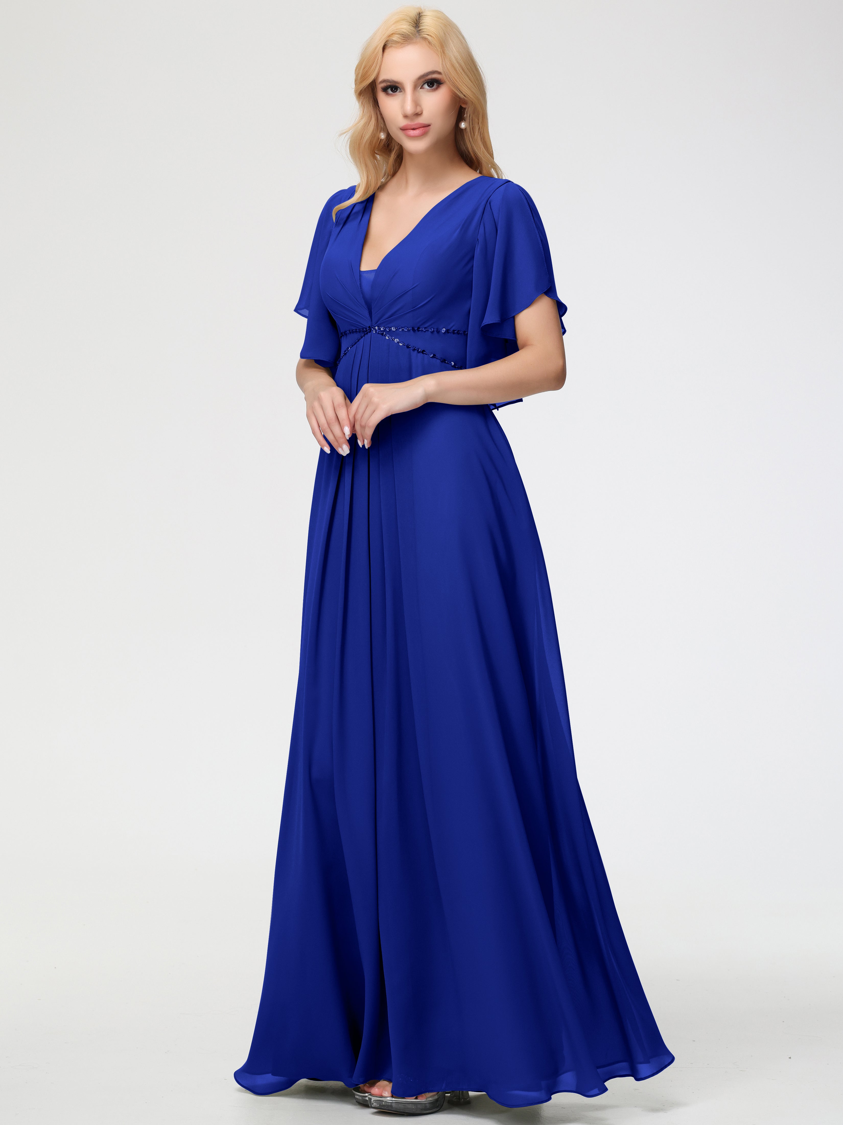 Royal Blue Bridesmaid Dress A-Line Short Sleeves V Neck Sequined Empire Waist Long Chiffon Bridesmaid Dresses Royal Blue Bridesmaid Dress A-Line Short Sleeves V Neck Sequined Empire Waist Long Chiffon Bridesmaid Dresses