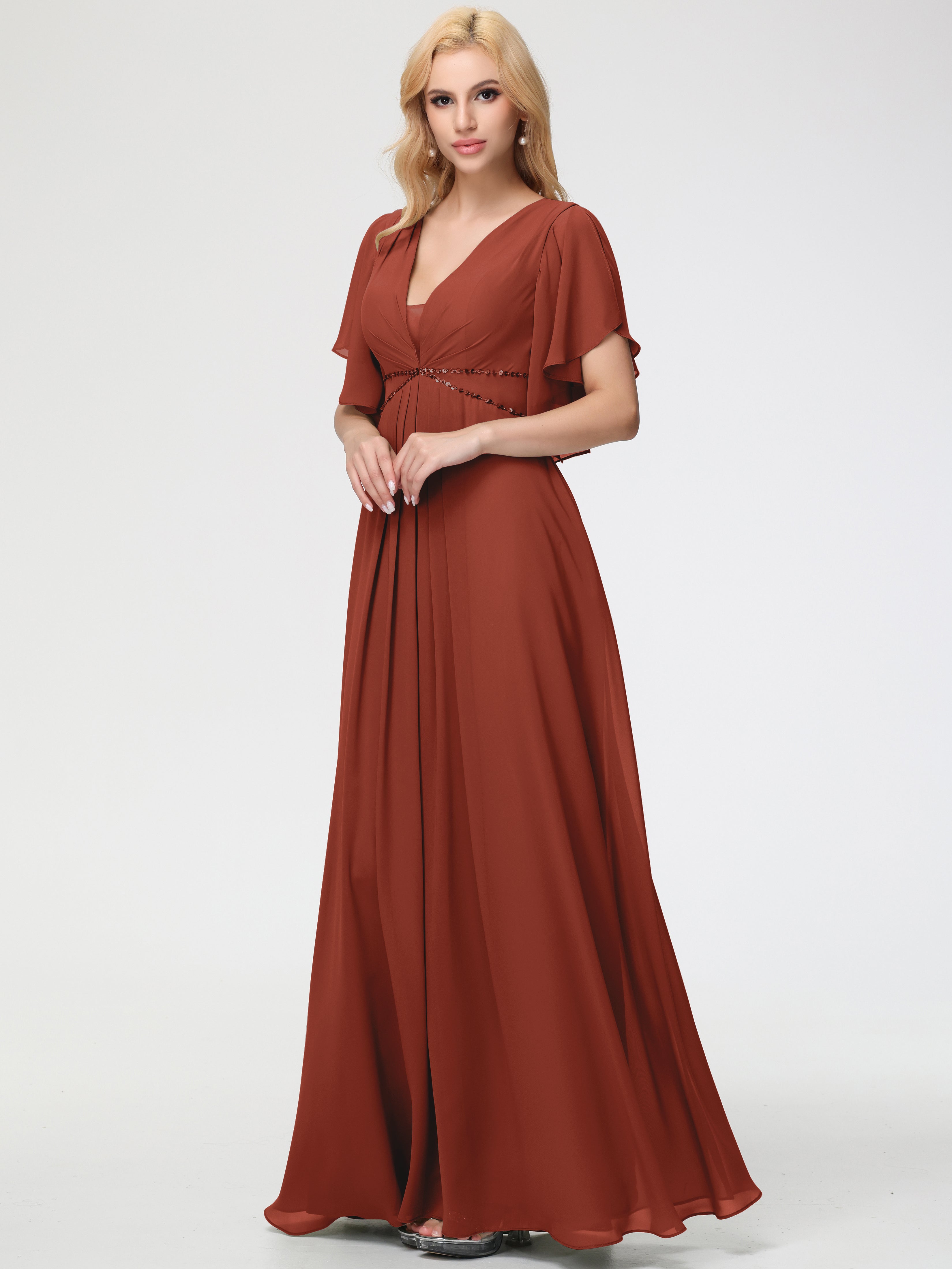 Rust Orange Bridesmaid Dresses A-Line Short Sleeves V Neck Sequined Empire Waist Long Chiffon Bridesmaid Dresses Rust Orange Bridesmaid Dresses A-Line Short Sleeves V Neck Sequined Empire Waist Long Chiffon Bridesmaid Dresses