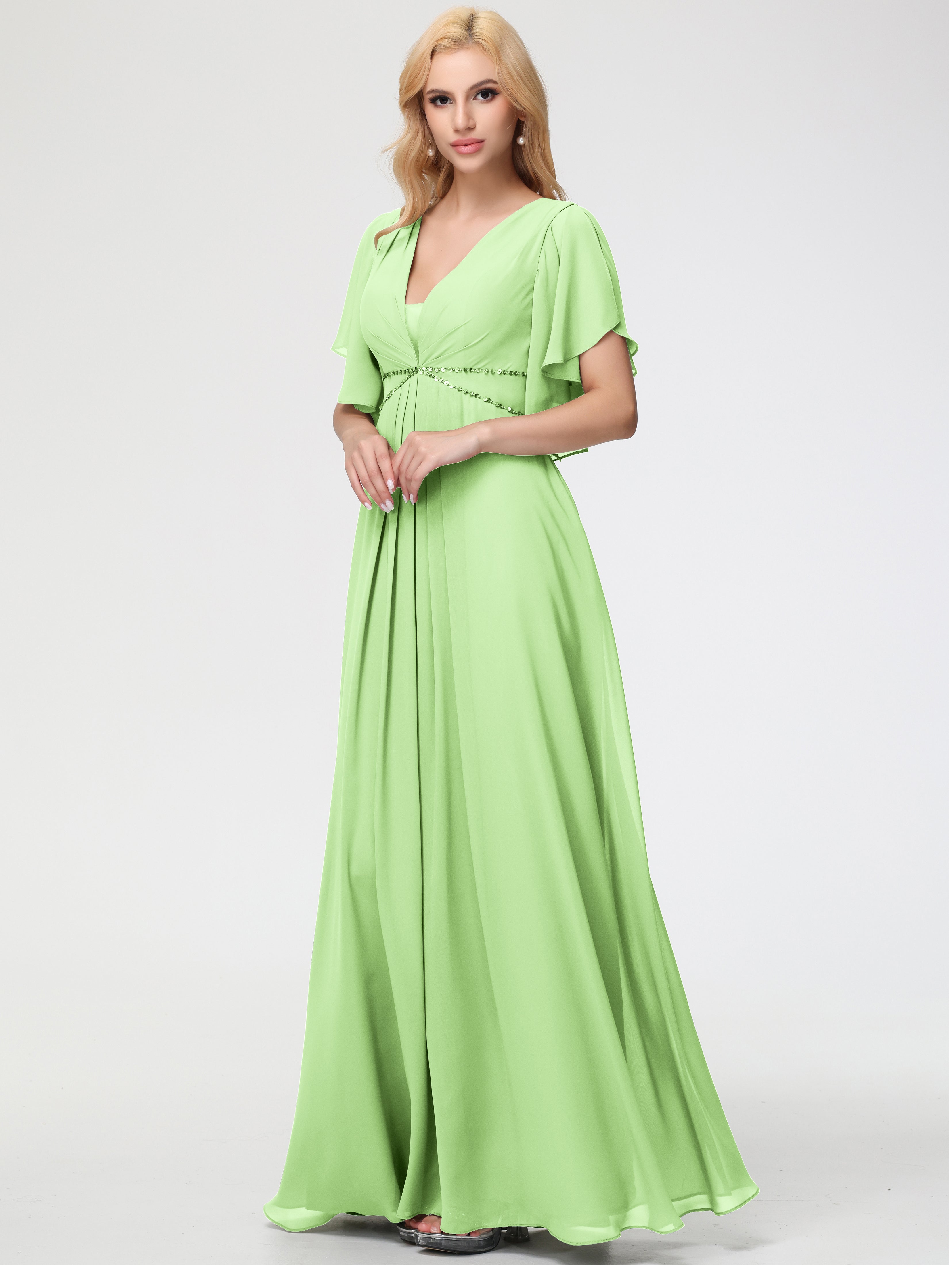 Chiffon Sage Green Bridesmaid Dresses A-Line Short Sleeves V Neck Sequined Empire Waist Long Chiffon Bridesmaid Dresses Chiffon Sage Green Bridesmaid Dresses A-Line Short Sleeves V Neck Sequined Empire Waist Long Chiffon Bridesmaid Dresses