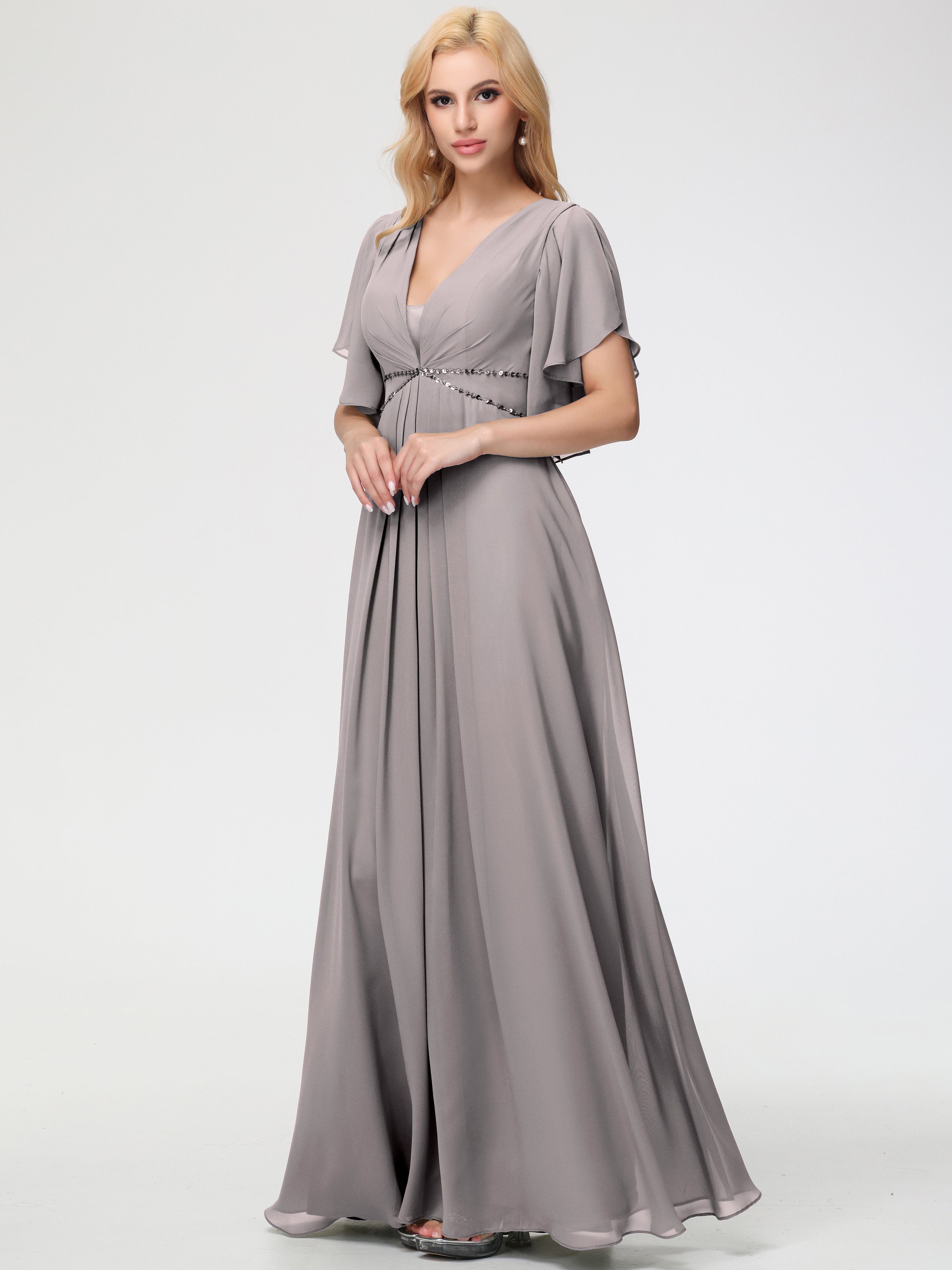 Gray Dress Silver Chiffon Bridesmaid Dresses Silver Grey Bridesmaid Dresses A-Line Short Sleeves V Neck Gray Dress Silver Chiffon Bridesmaid Dresses Silver Grey Bridesmaid Dresses A-Line Short Sleeves V Neck