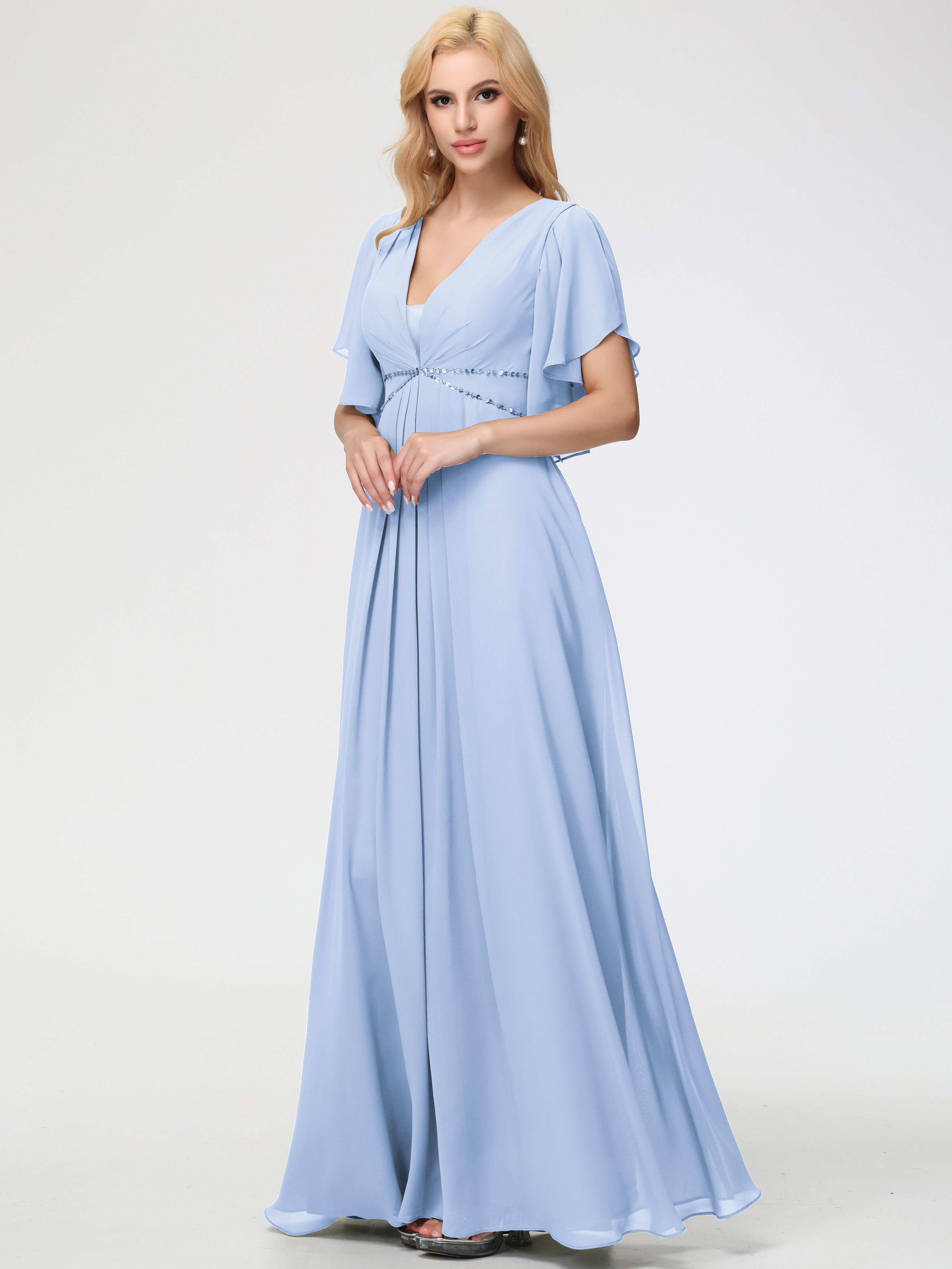Sky Blue Bridesmaid Dress A-Line Short Sleeves V Neck Sequined Empire Waist Long Chiffon Bridesmaid Dresses Sky Blue Bridesmaid Dress A-Line Short Sleeves V Neck Sequined Empire Waist Long Chiffon Bridesmaid Dresses