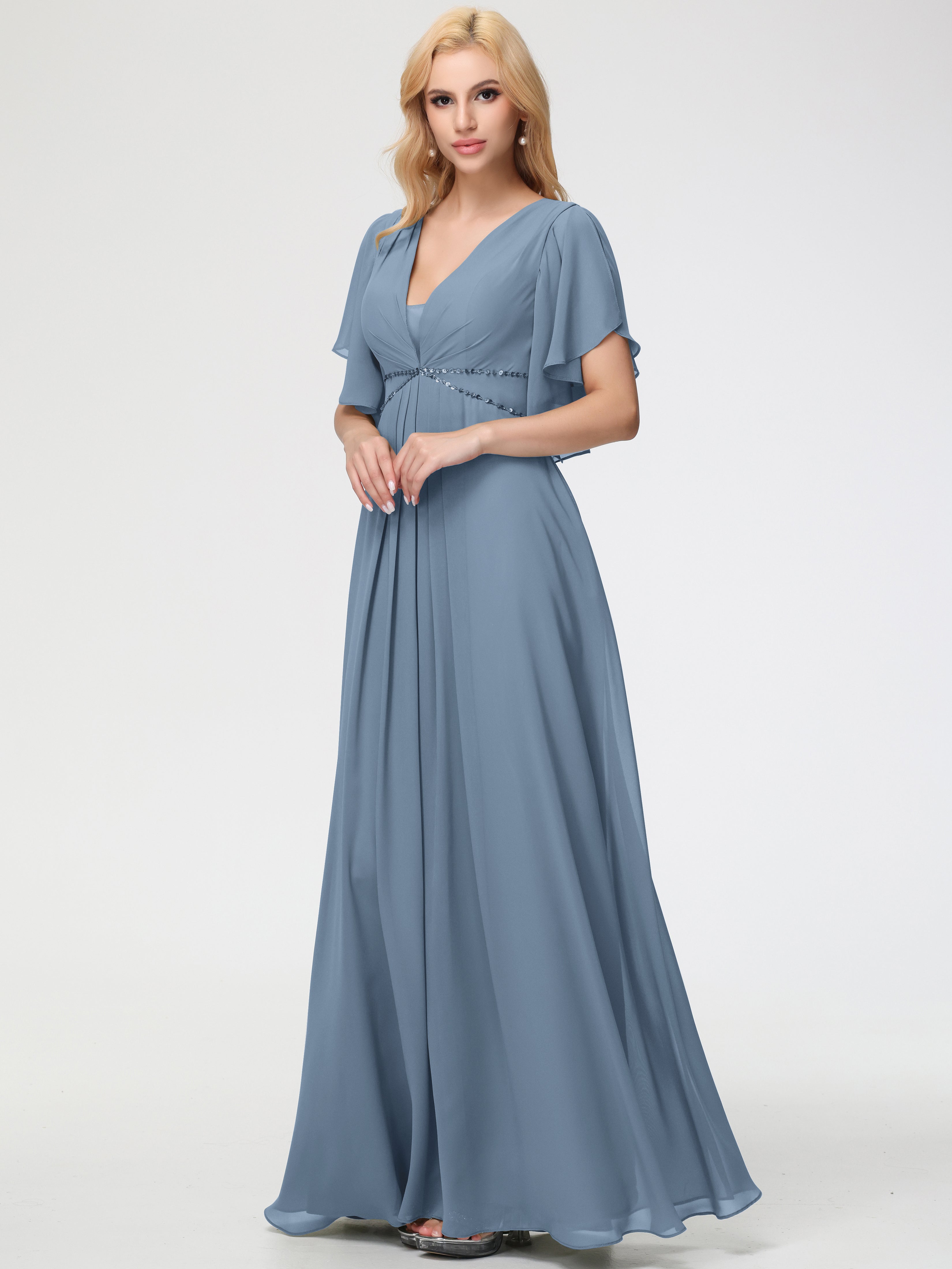 Slate Blue Bridesmaid Dress A-Line Short Sleeves V Neck Sequined Empire Waist Long Chiffon Bridesmaid Dresses Slate Blue Bridesmaid Dress A-Line Short Sleeves V Neck Sequined Empire Waist Long Chiffon Bridesmaid Dresses