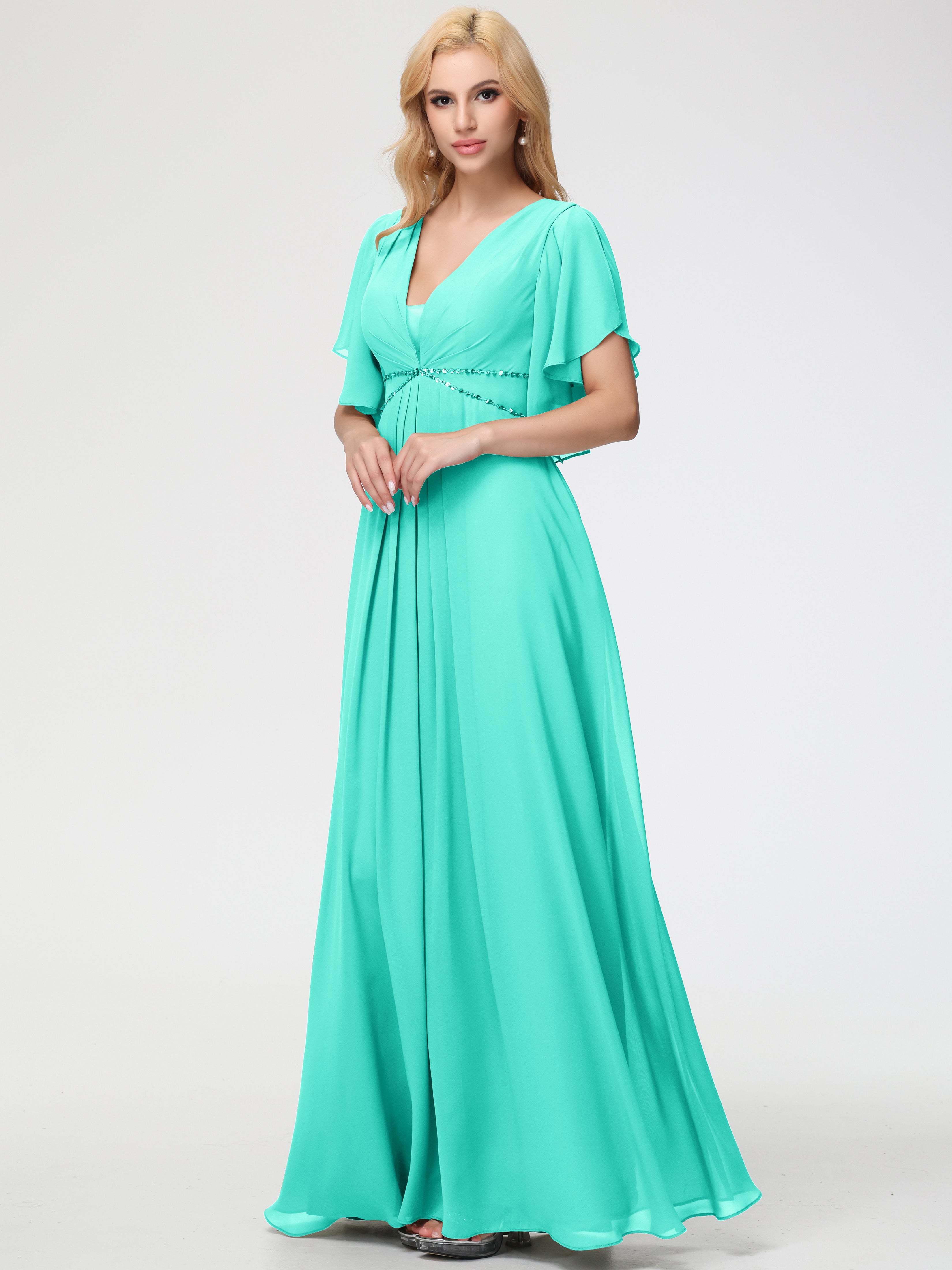 Spa Blue Bridesmaid Dresses A-Line Short Sleeves V Neck Sequined Empire Waist Long Chiffon Bridesmaid Dresses