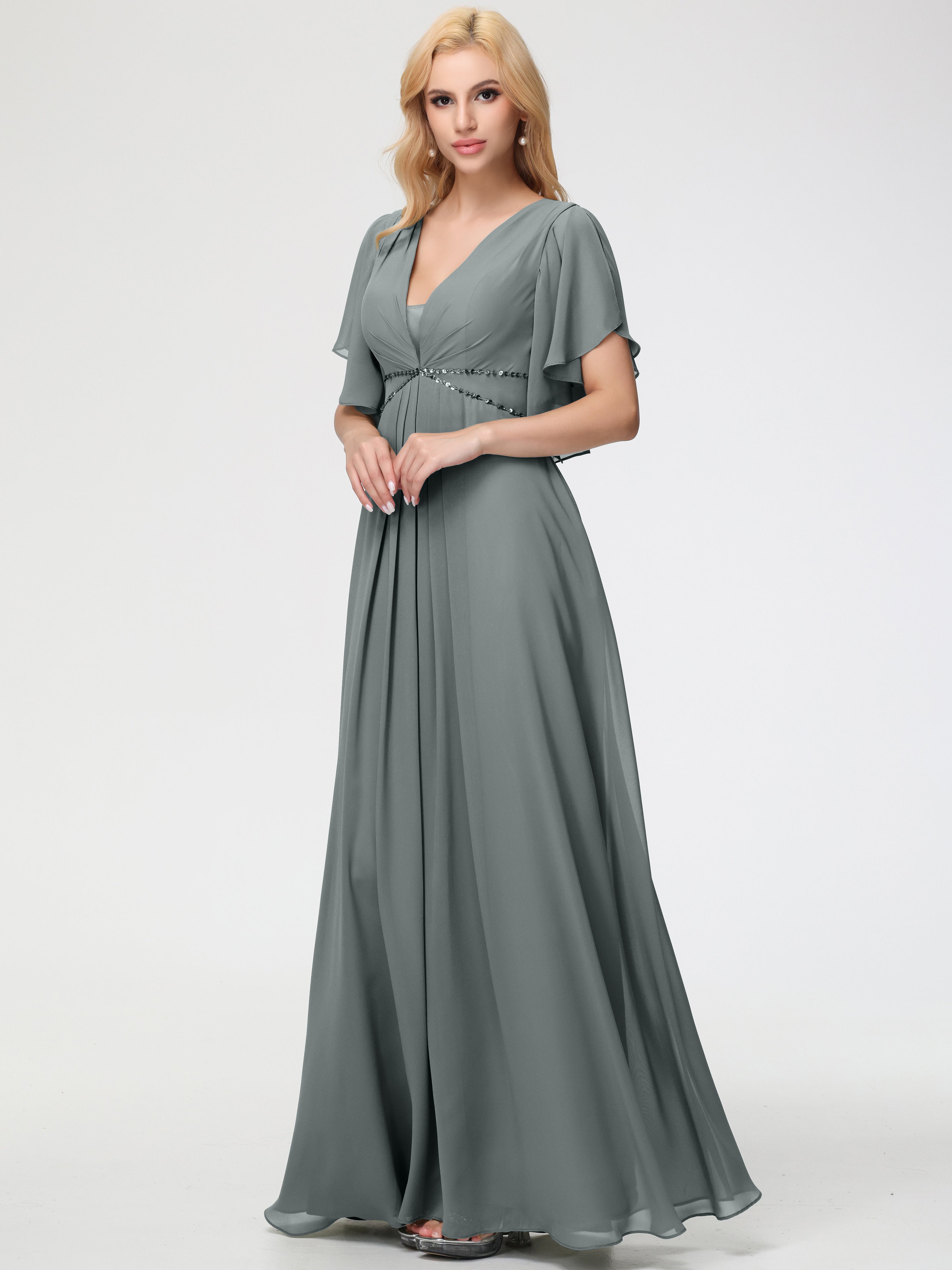 Steel Grey Bridesmaid Dresses A-Line Short Sleeves V Neck Sequined Empire Waist Long Chiffon Bridesmaid Dresses Steel Grey Bridesmaid Dresses A-Line Short Sleeves V Neck Sequined Empire Waist Long Chiffon Bridesmaid Dresses