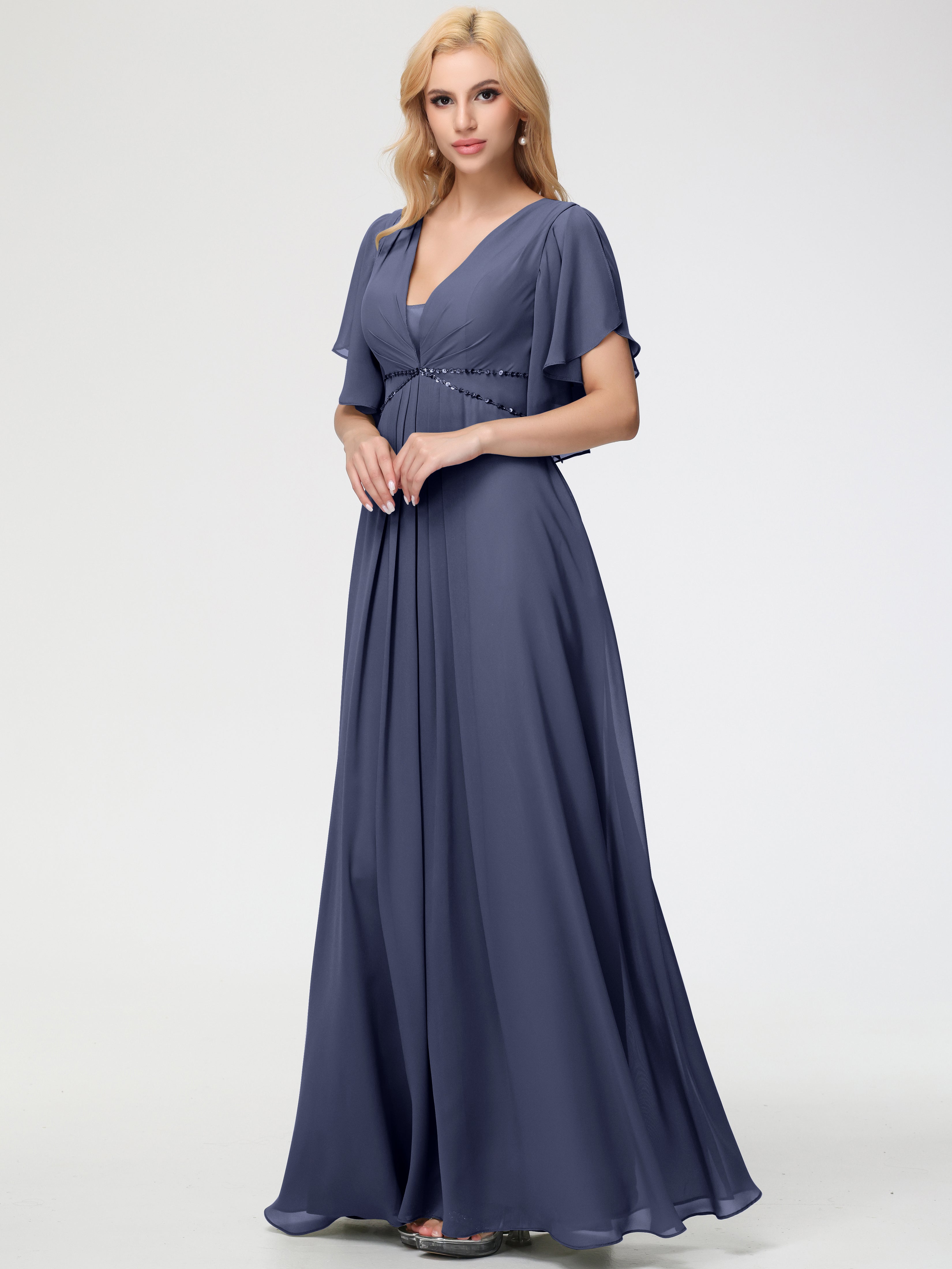 Stormy Blue Bridesmaid Dress A-Line Short Sleeves V Neck Sequined Empire Waist Long Chiffon Bridesmaid Dresses Stormy Blue Bridesmaid Dress A-Line Short Sleeves V Neck Sequined Empire Waist Long Chiffon Bridesmaid Dresses