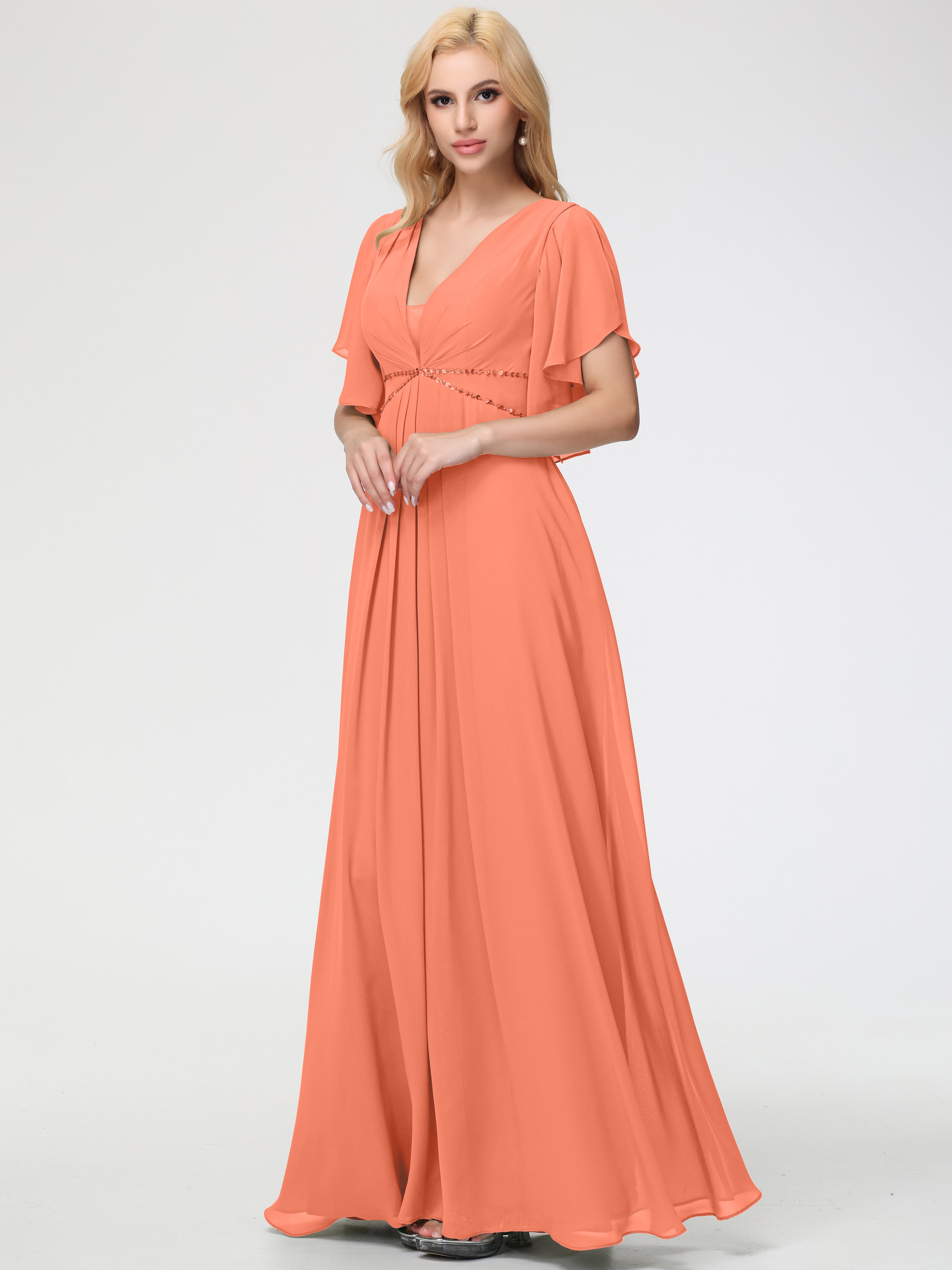 Sunset Orange Bridesmaid Dresses A-Line Short Sleeves V Neck Sequined Empire Waist Long Chiffon Bridesmaid Dresses