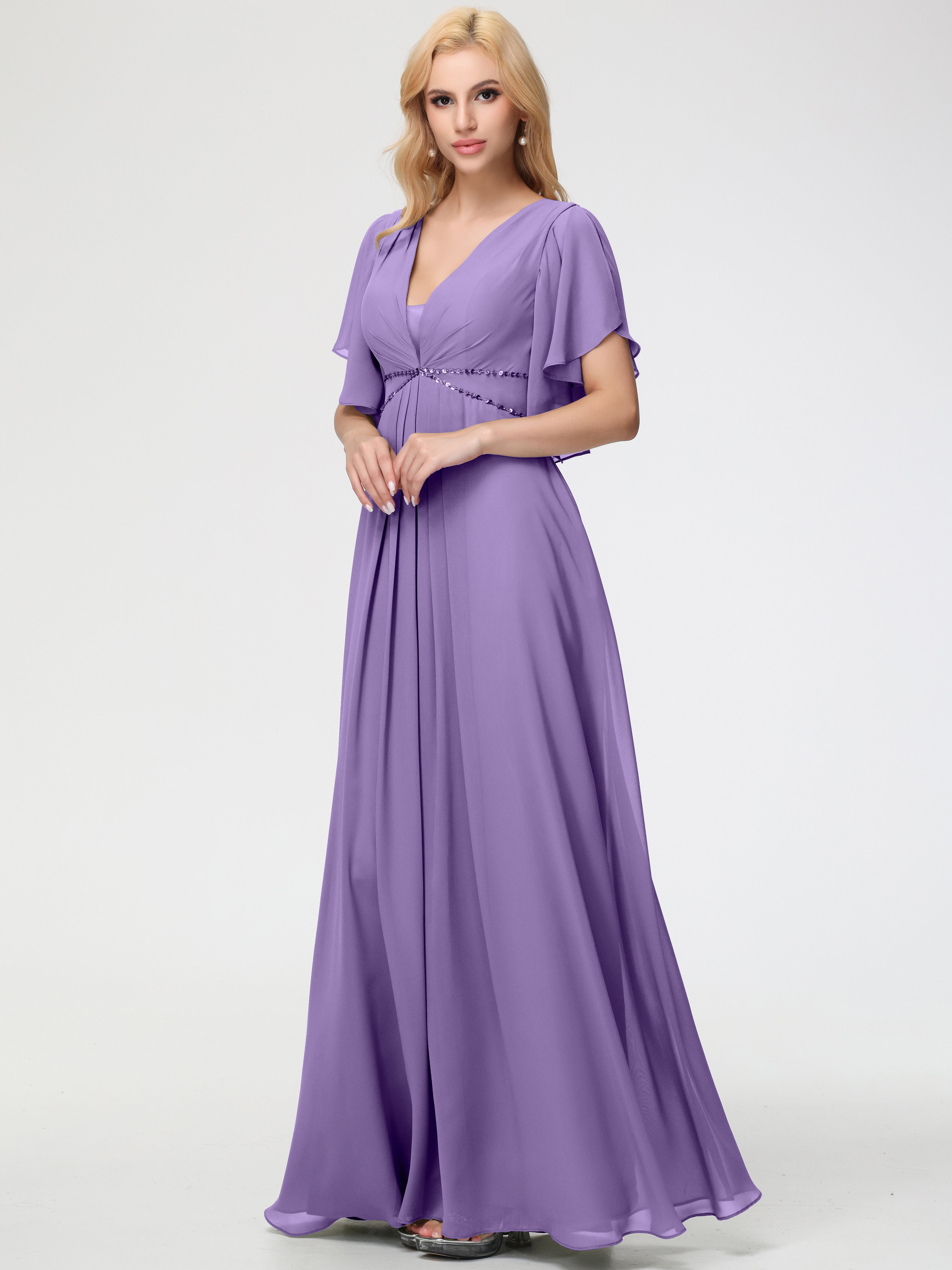 Tahiti Bridesmaid Dress A-Line Short Sleeves V Neck Sequined Empire Waist Long Chiffon Bridesmaid Dresses