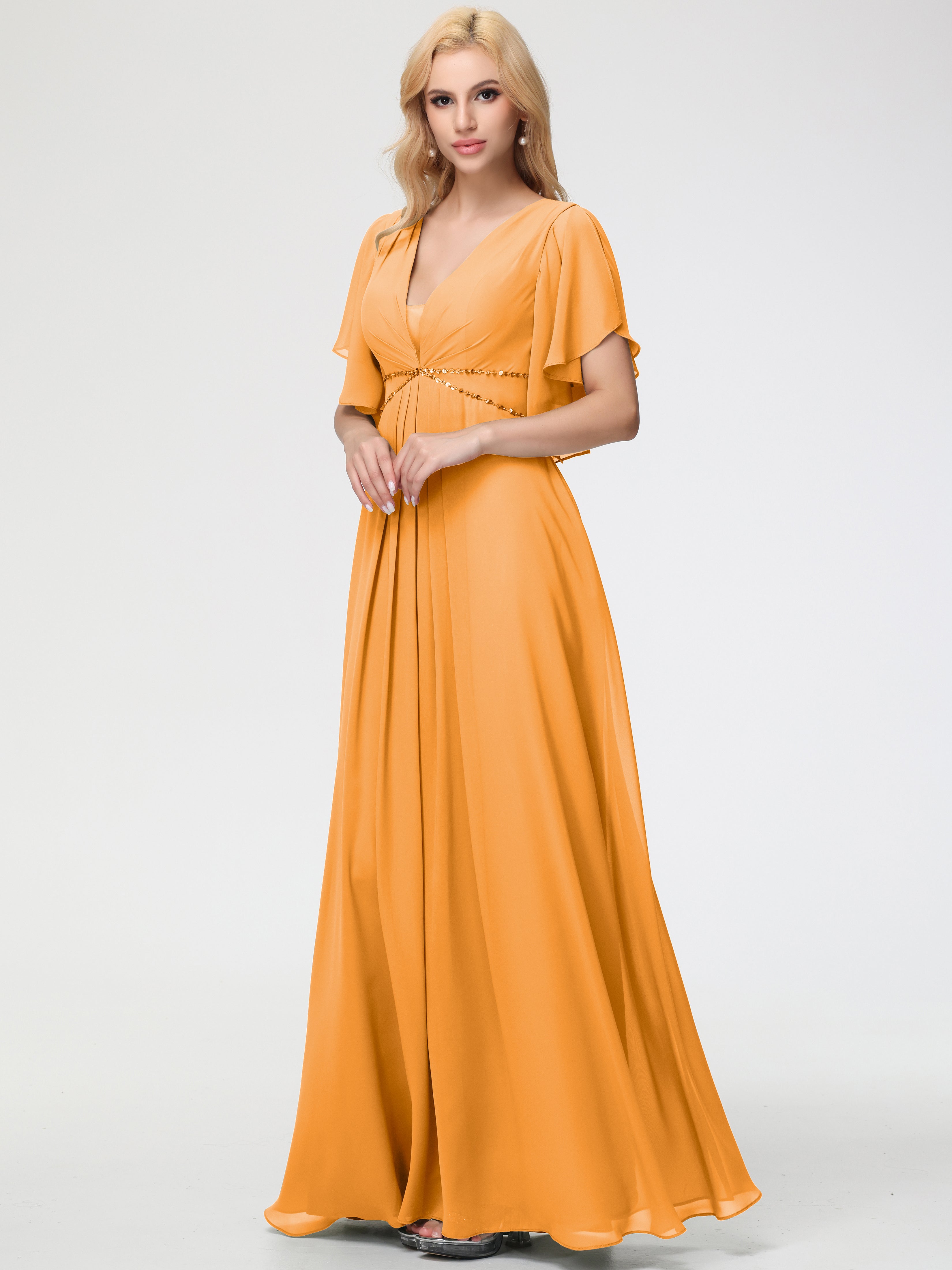 Tangerine Orange Bridesmaid Dresses A-Line Short Sleeves V Neck Sequined Empire Waist Long Chiffon Bridesmaid Dresses