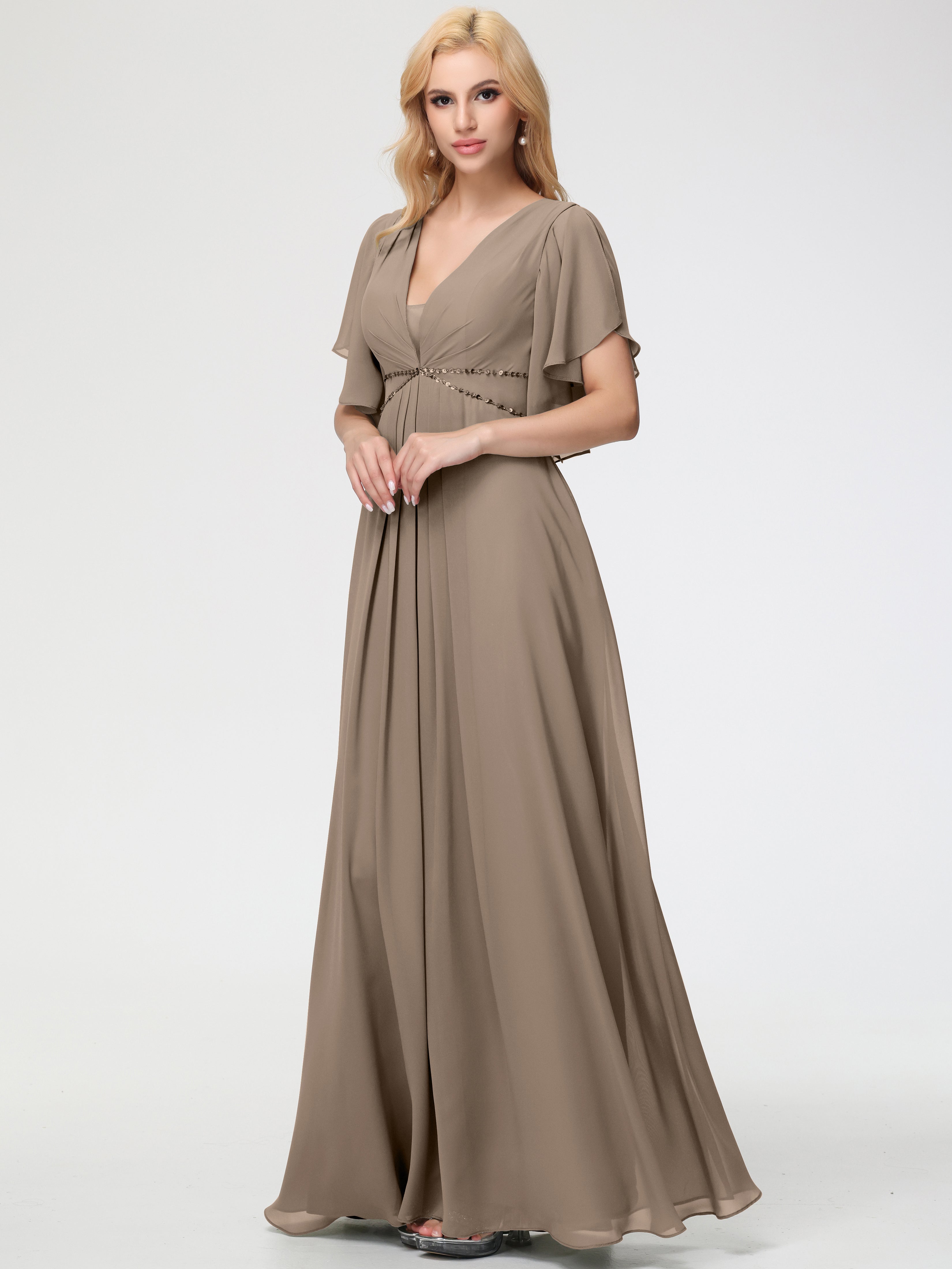 Taupe Bridesmaid Dresses A-Line Short Sleeves V Neck Sequined Empire Waist Long Chiffon Bridesmaid Dresses