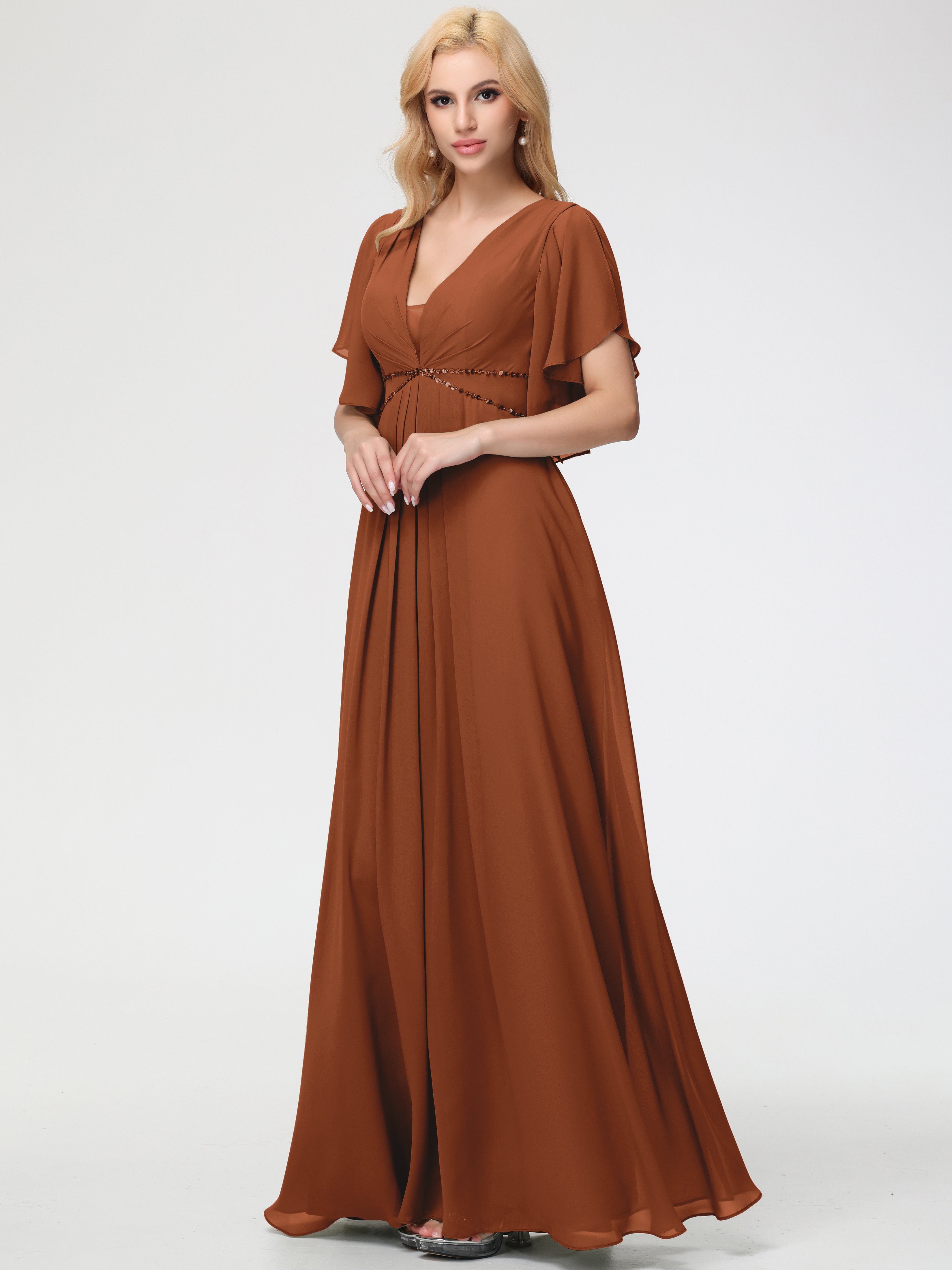Terracotta Bridesmaid Dresses A-Line Short Sleeves V Neck Sequined Empire Waist Long Chiffon Bridesmaid Dresses Terracotta Bridesmaid Dresses A-Line Short Sleeves V Neck Sequined Empire Waist Long Chiffon Bridesmaid Dresses