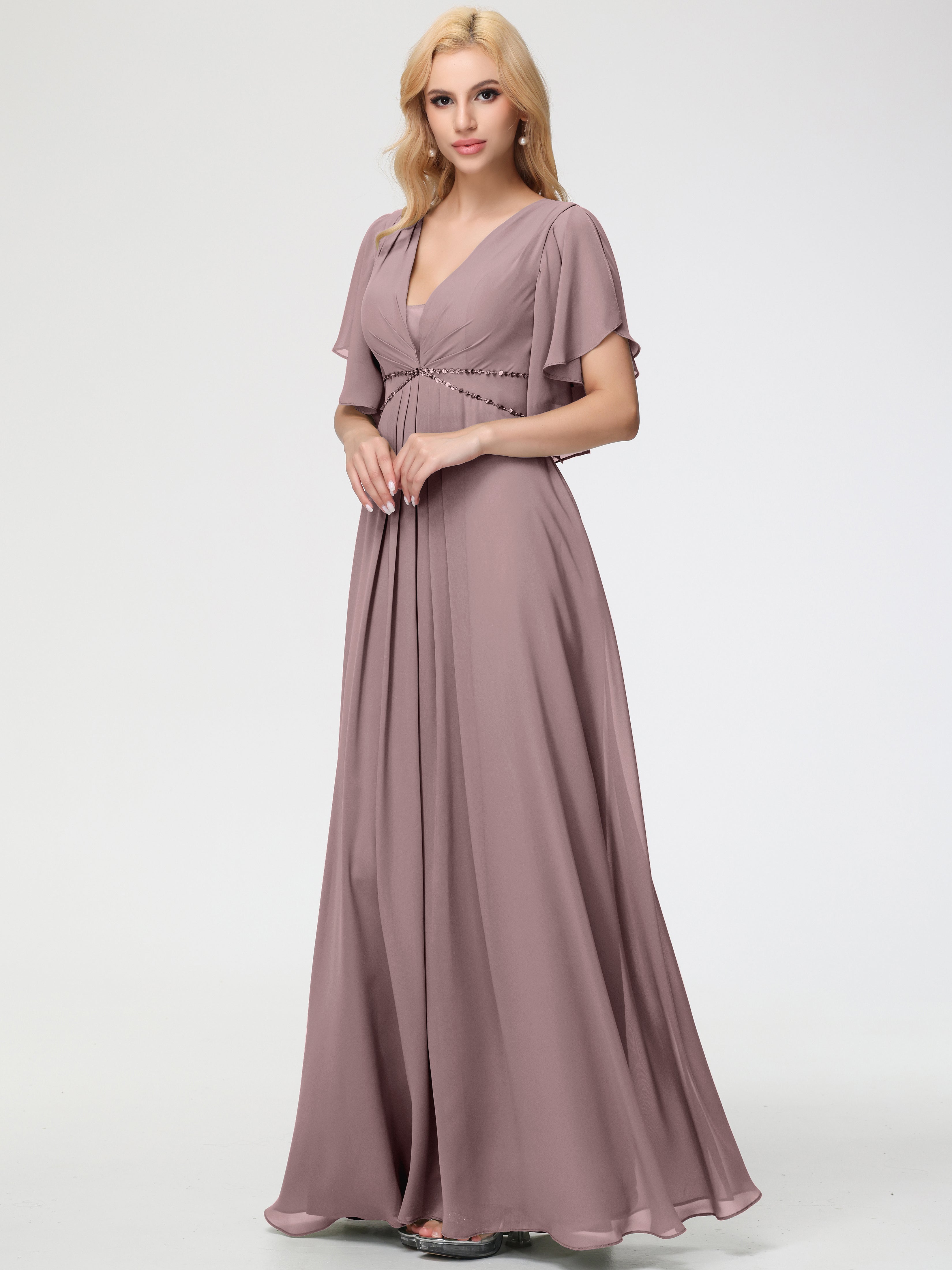 Vintage Peach Bridesmaid Dresses A-Line Short Sleeves V Neck Sequined Empire Waist Long Chiffon Bridesmaid Dresses