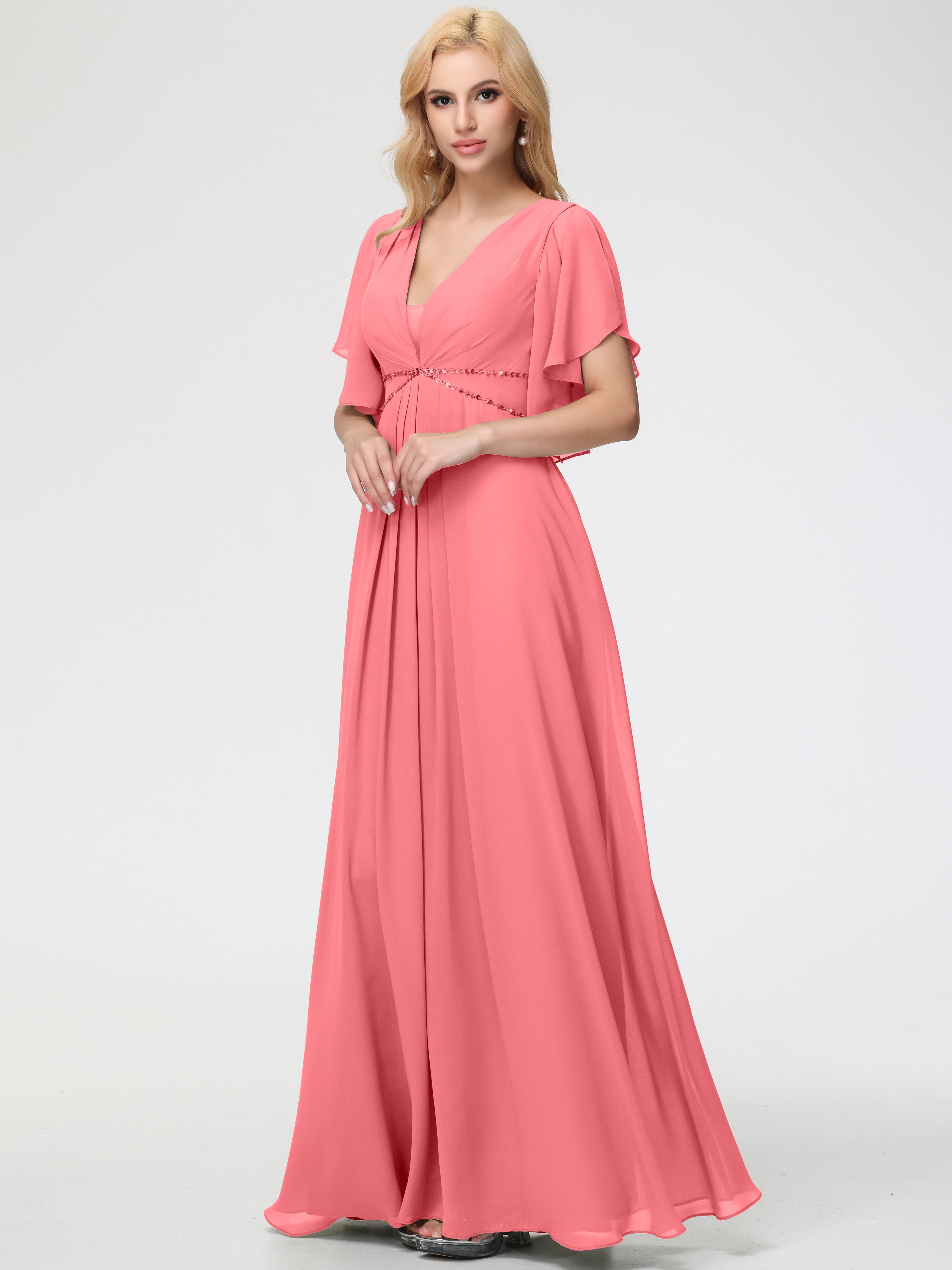 Watermelon Pink Bridesmaid Dresses A-Line Short Sleeves V Neck Sequined Empire Waist Long Chiffon Bridesmaid Dresses Watermelon Pink Bridesmaid Dresses A-Line Short Sleeves V Neck Sequined Empire Waist Long Chiffon Bridesmaid Dresses