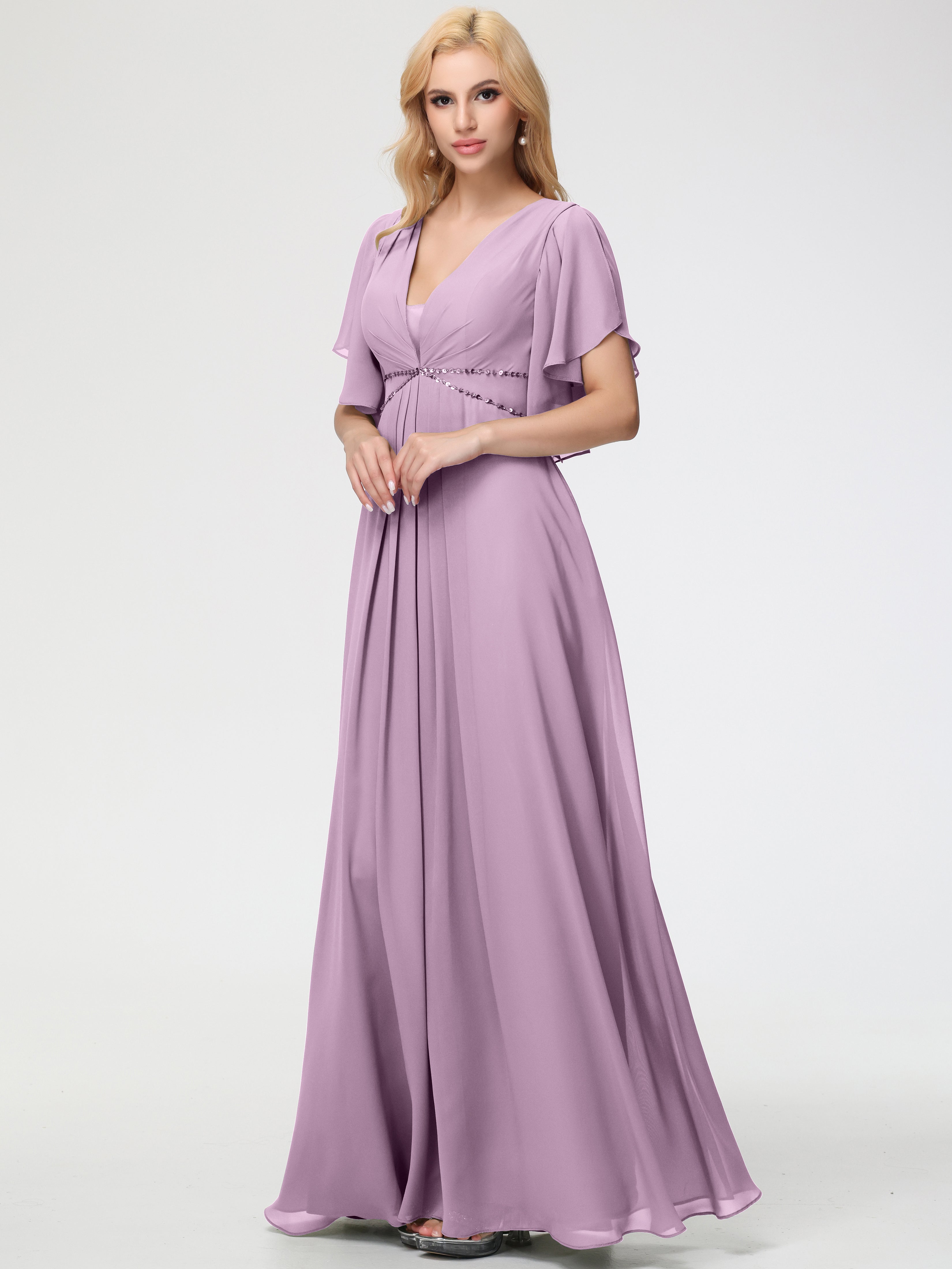 Wisteria Bridesmaid Dresses A-Line Short Sleeves V Neck Sequined Empire Waist Long Chiffon Bridesmaid Dresses
