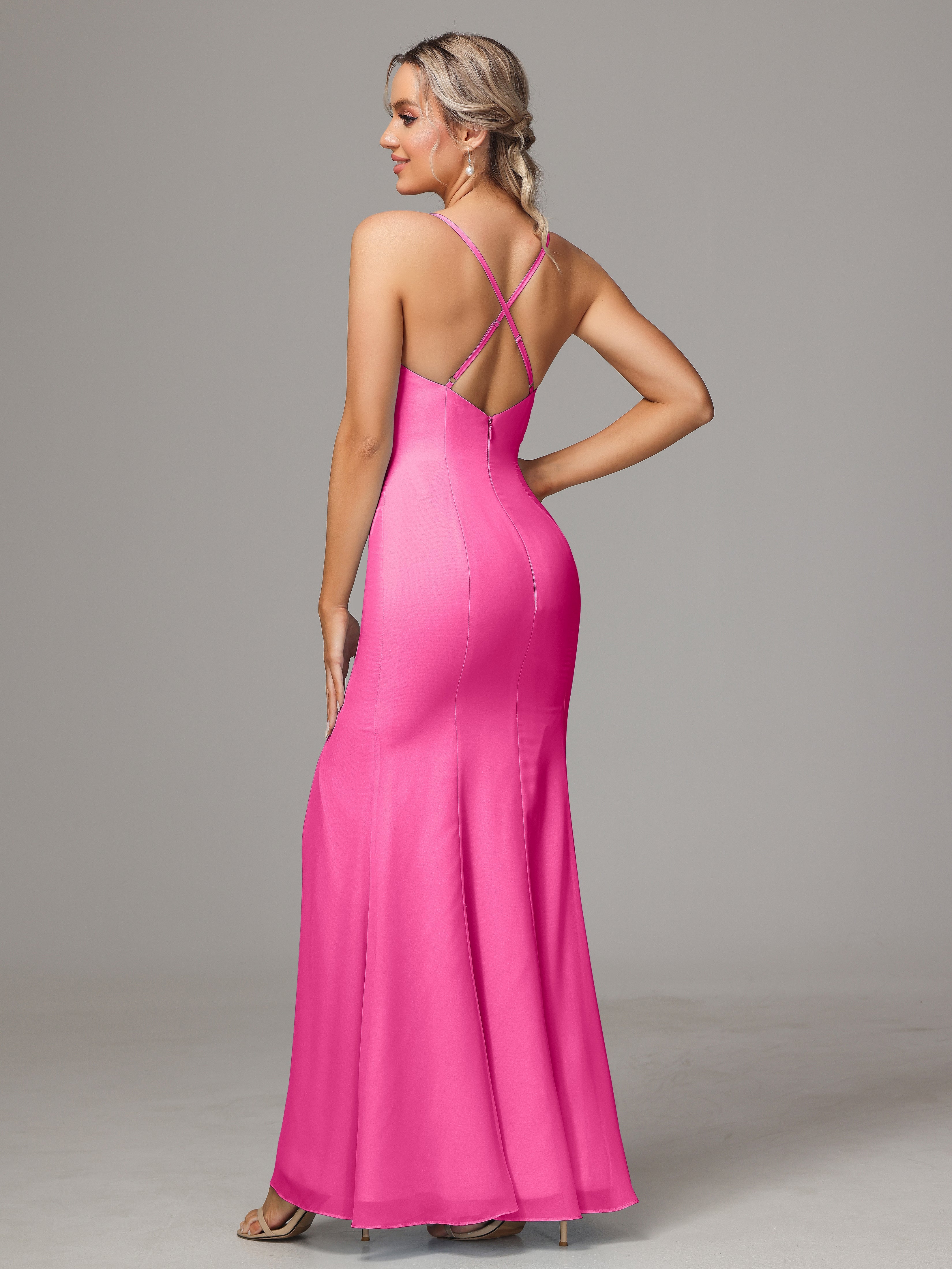 Spaghetti Straps Cross Back Chiffon Wedding Guest Dress