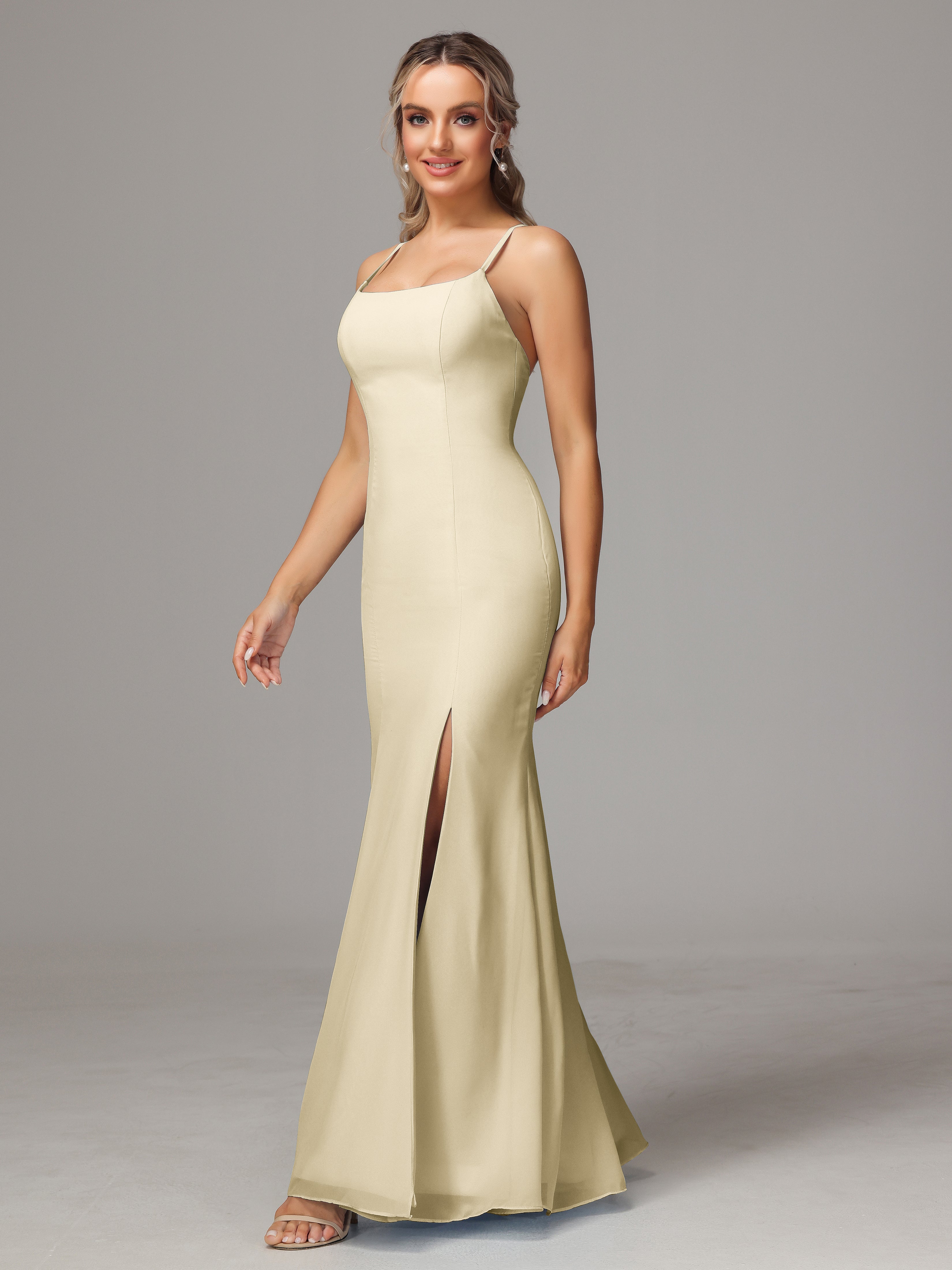 Spaghetti Straps Cross Back Chiffon Wedding Guest Dress