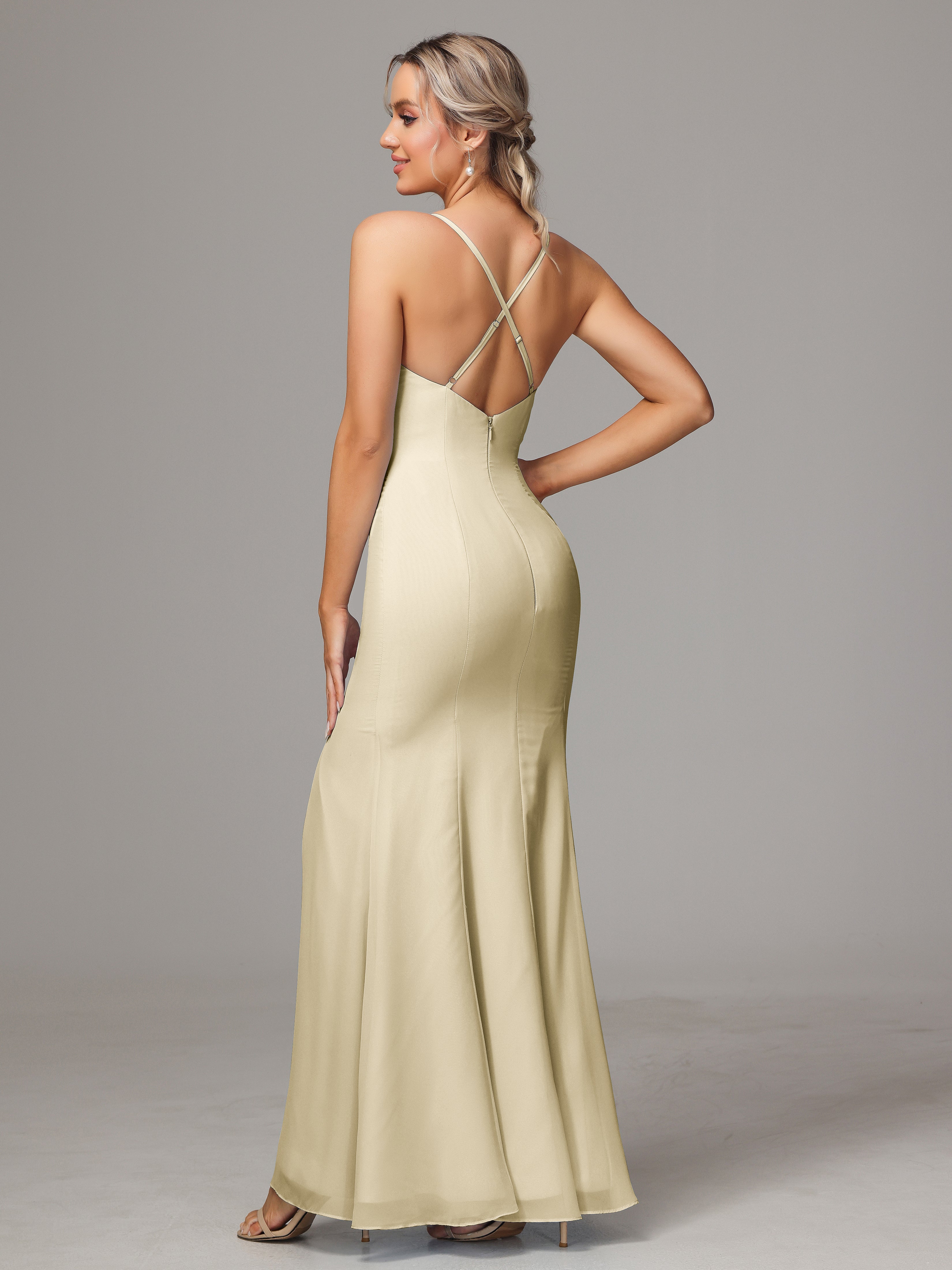 Spaghetti Straps Cross Back Chiffon Wedding Guest Dress