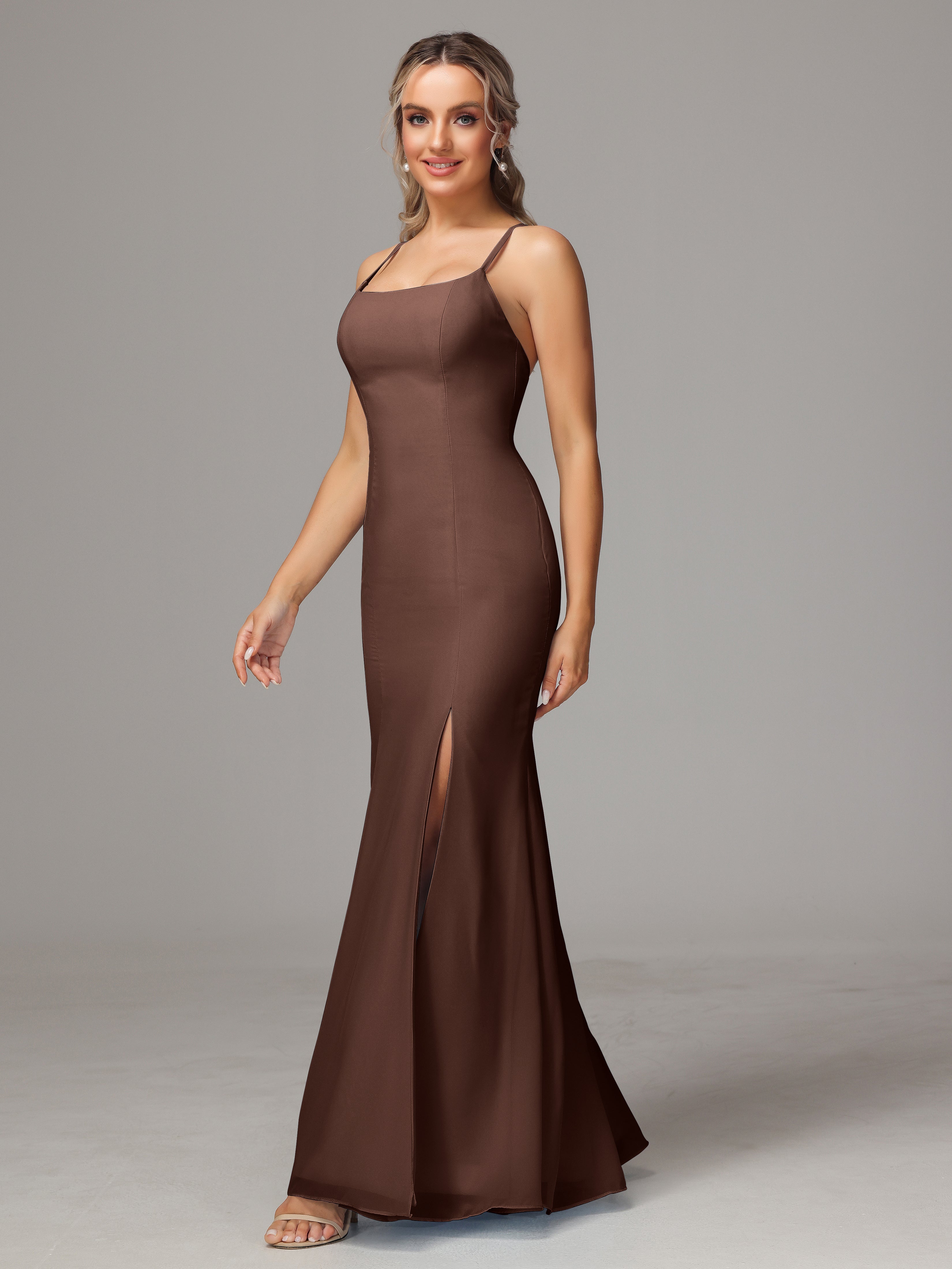 Spaghetti Straps Cross Back Chiffon Wedding Guest Dress