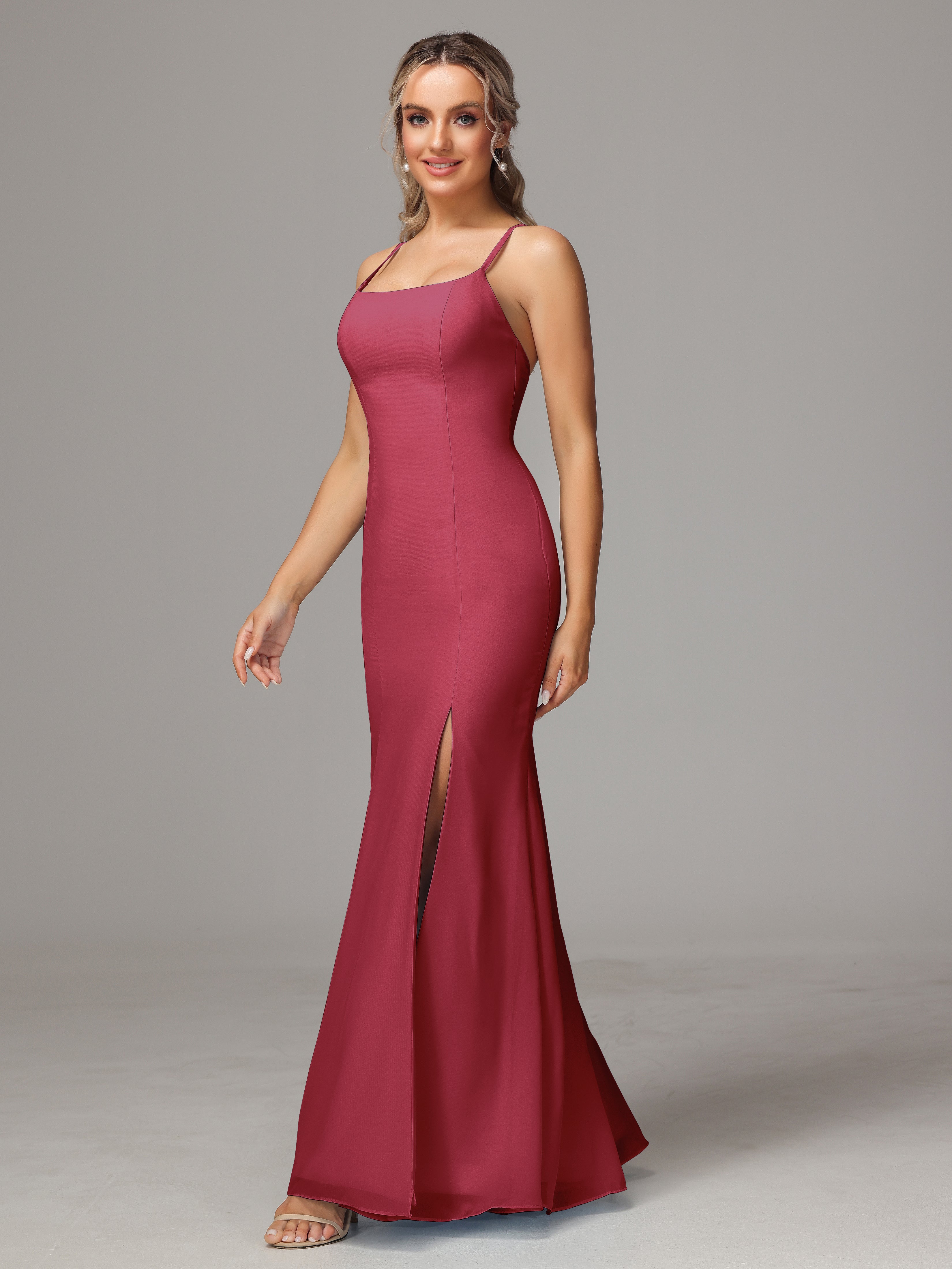 Spaghetti Straps Cross Back Chiffon Wedding Guest Dress
