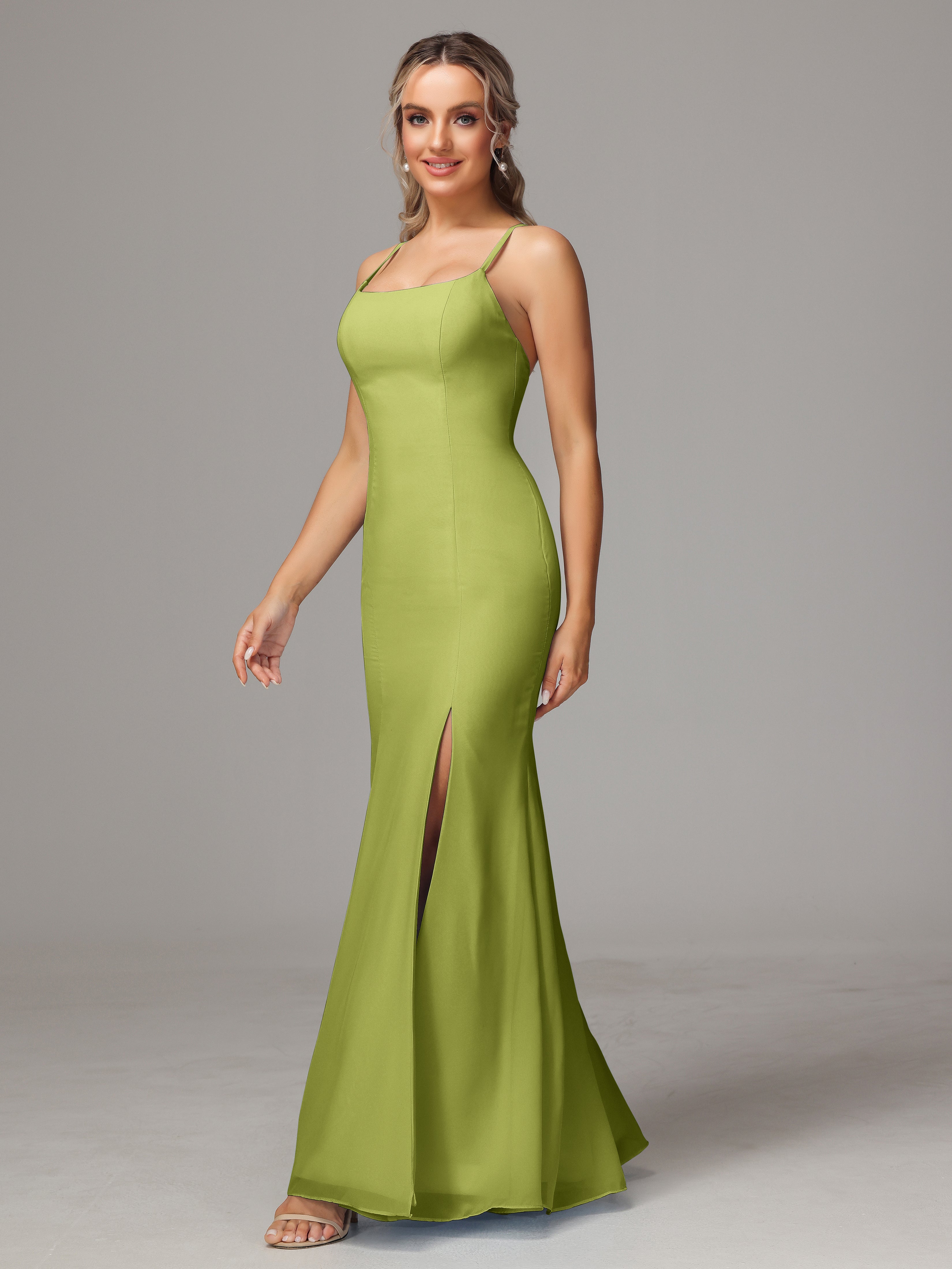 Spaghetti Straps Cross Back Chiffon Wedding Guest Dress