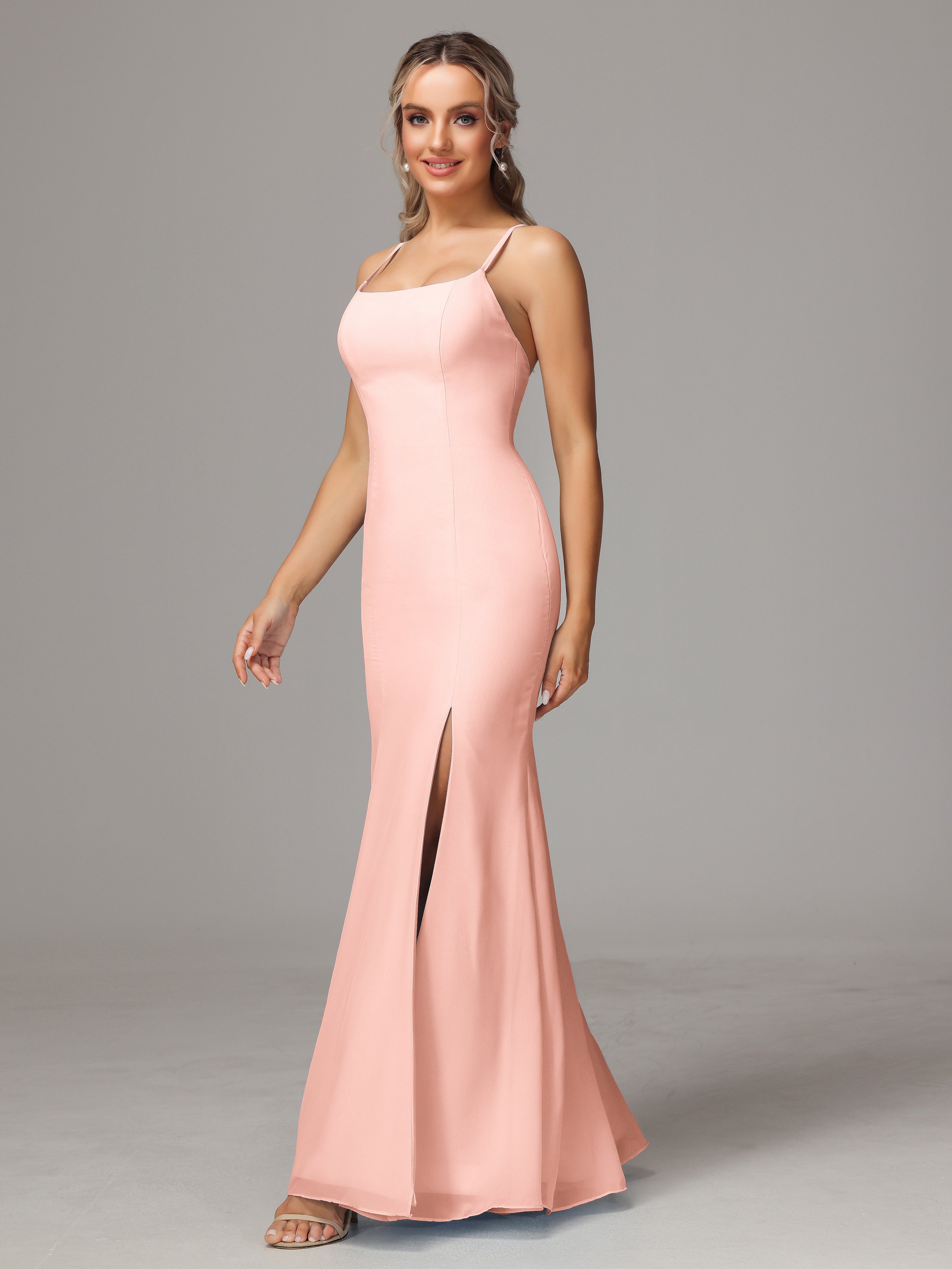 Spaghetti Straps Cross Back Chiffon Wedding Guest Dress