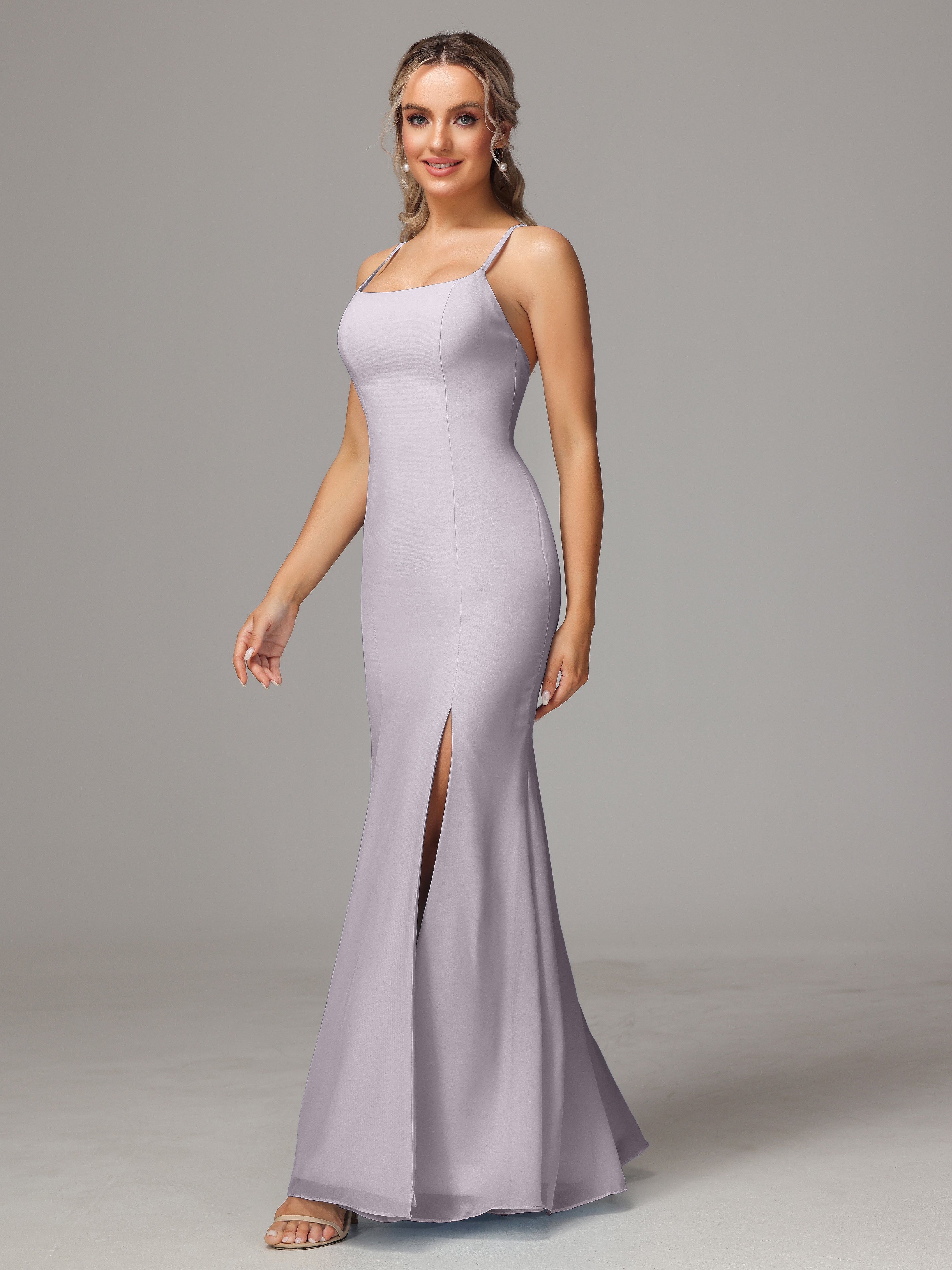 Spaghetti Straps Cross Back Chiffon Wedding Guest Dress
