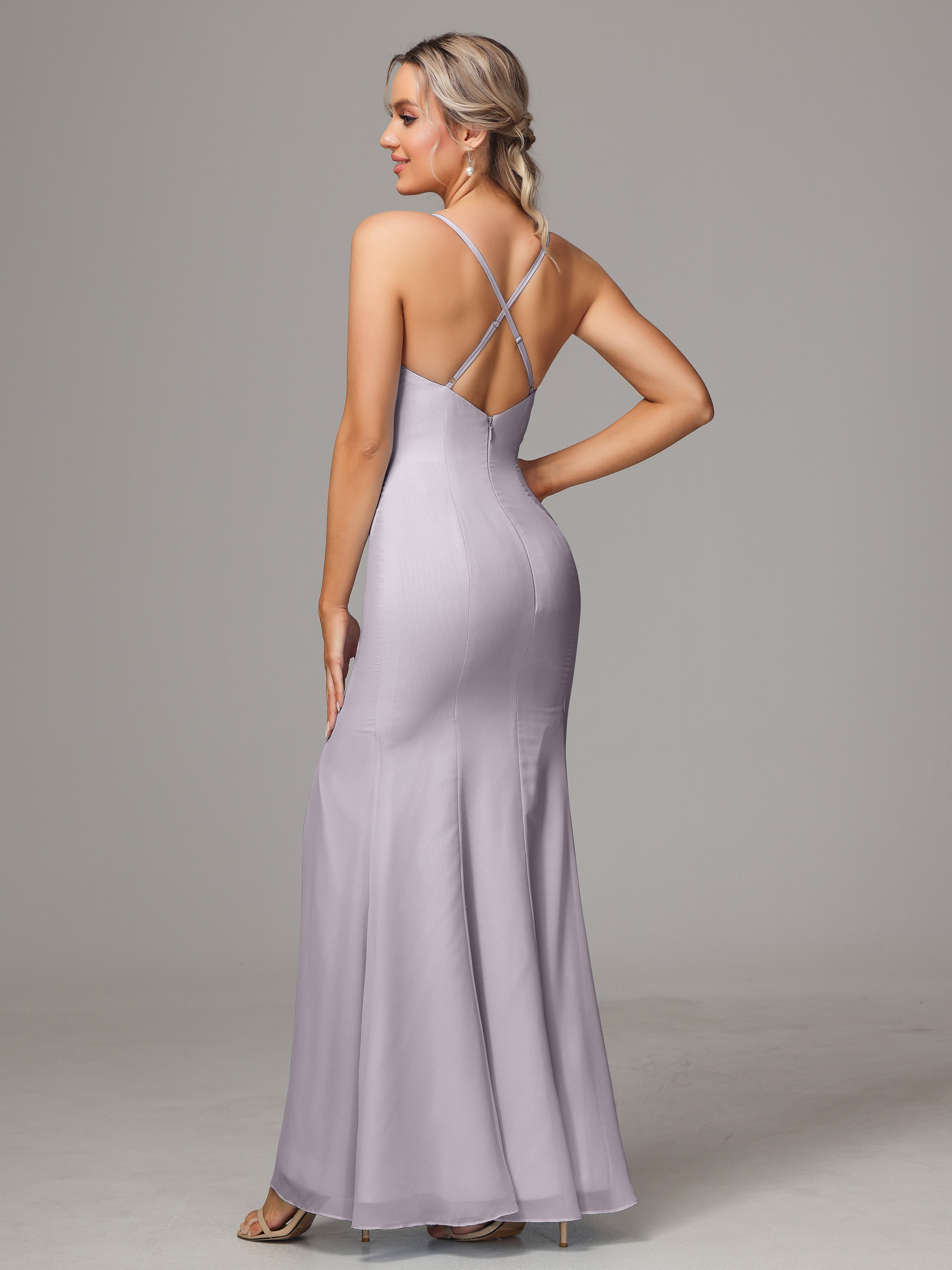 Spaghetti Straps Cross Back Chiffon Wedding Guest Dress