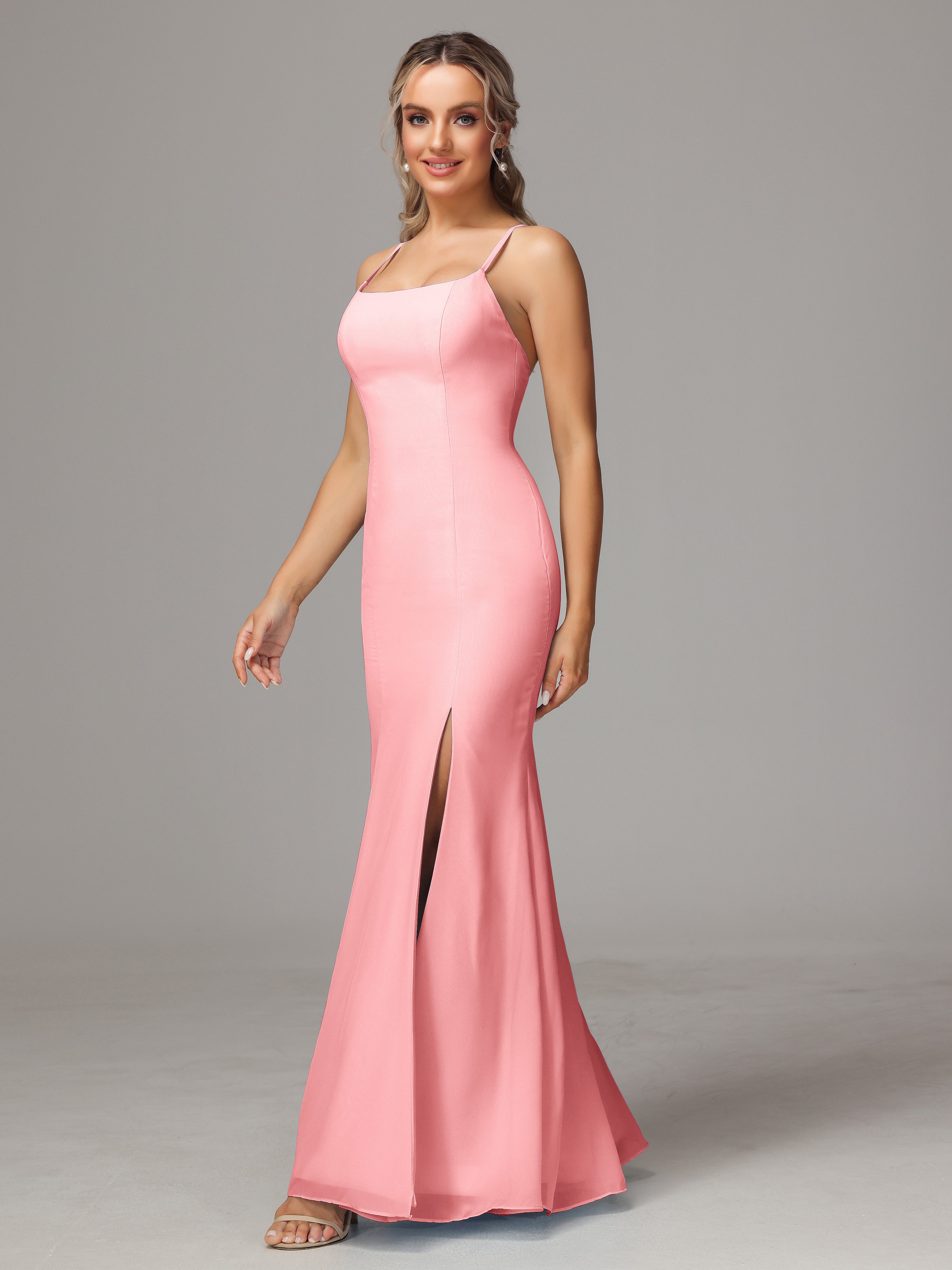 Spaghetti Straps Cross Back Chiffon Wedding Guest Dress