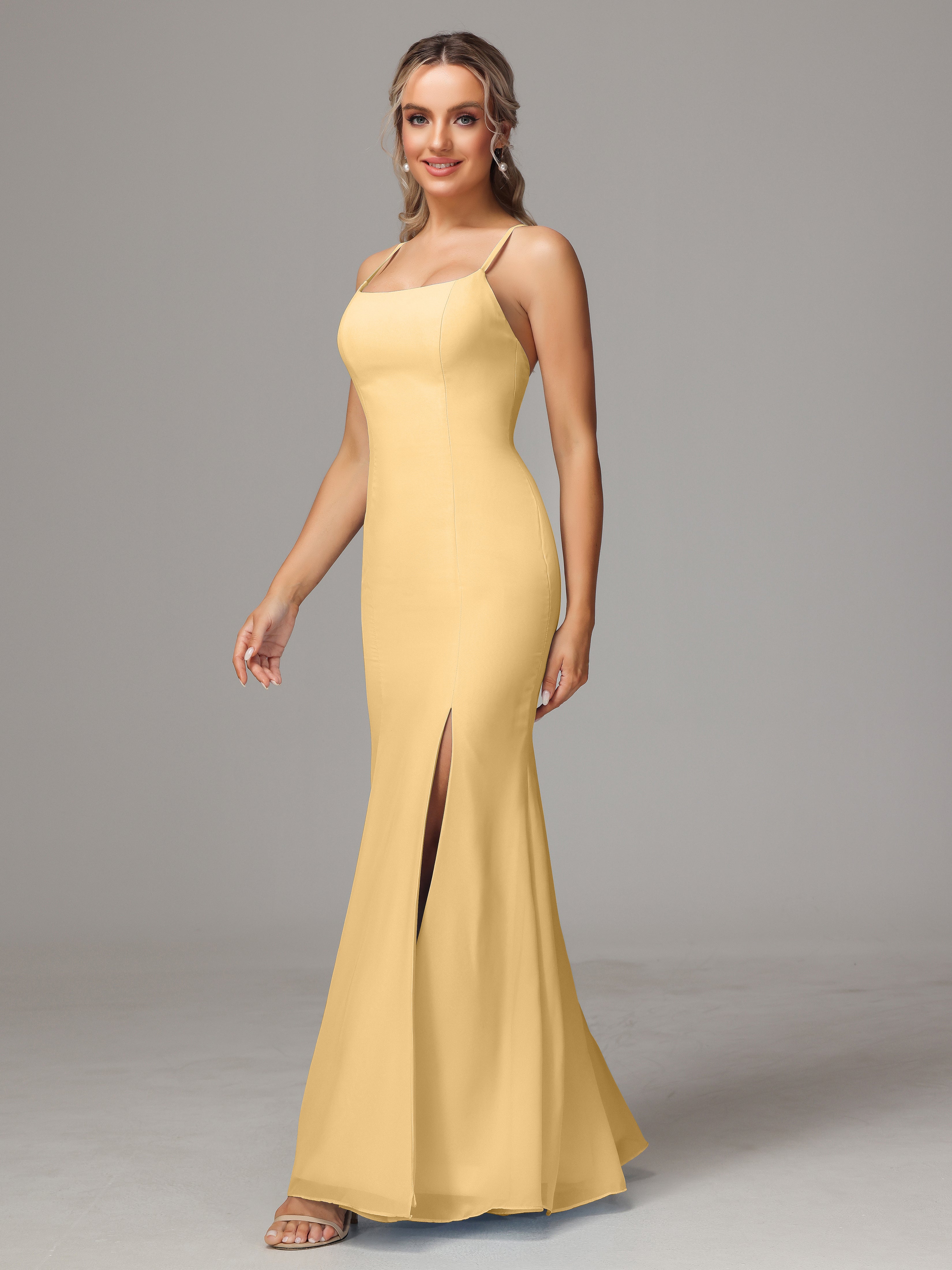 Spaghetti Straps Cross Back Chiffon Wedding Guest Dress