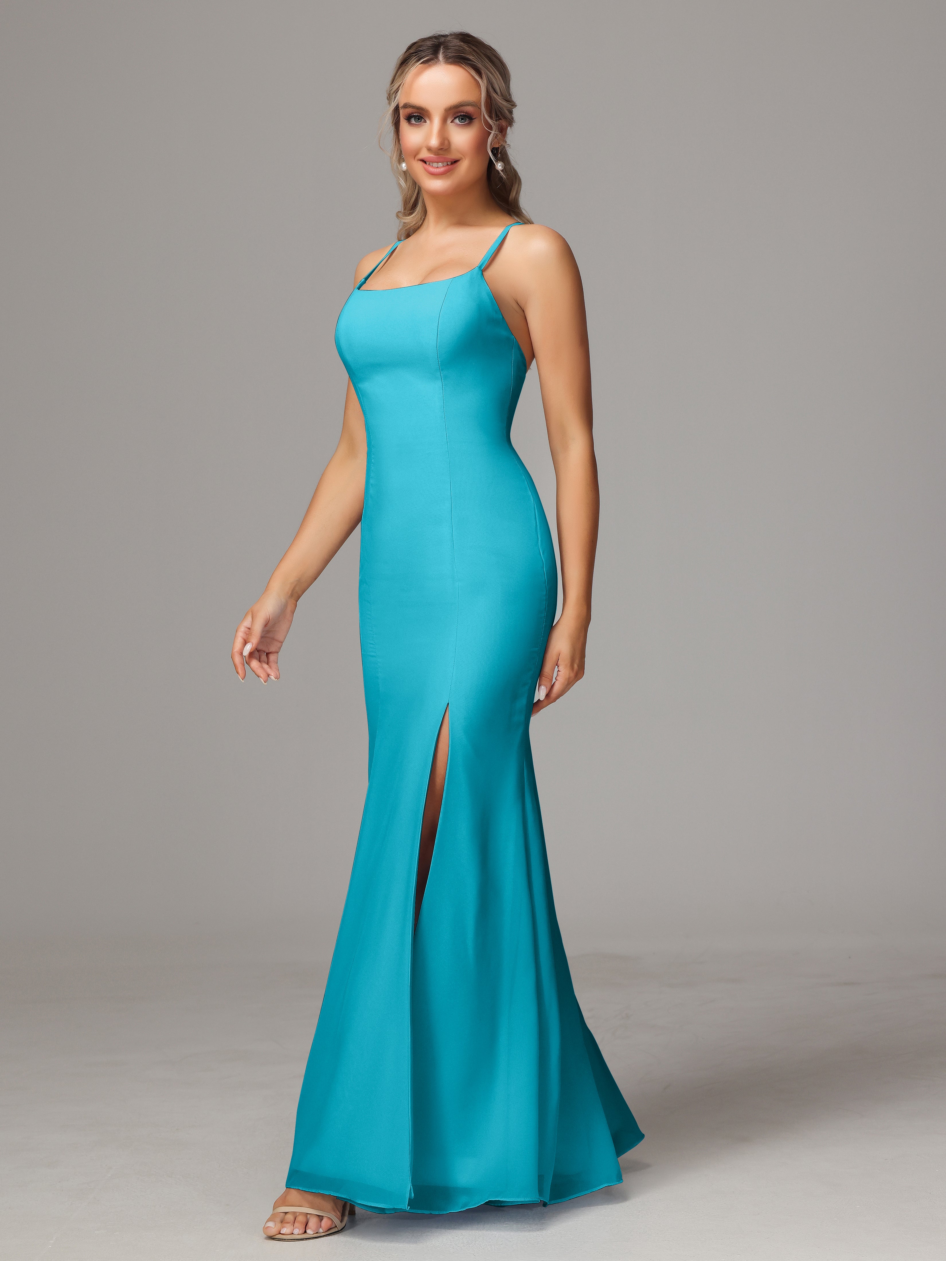 Spaghetti Straps Cross Back Chiffon Wedding Guest Dress