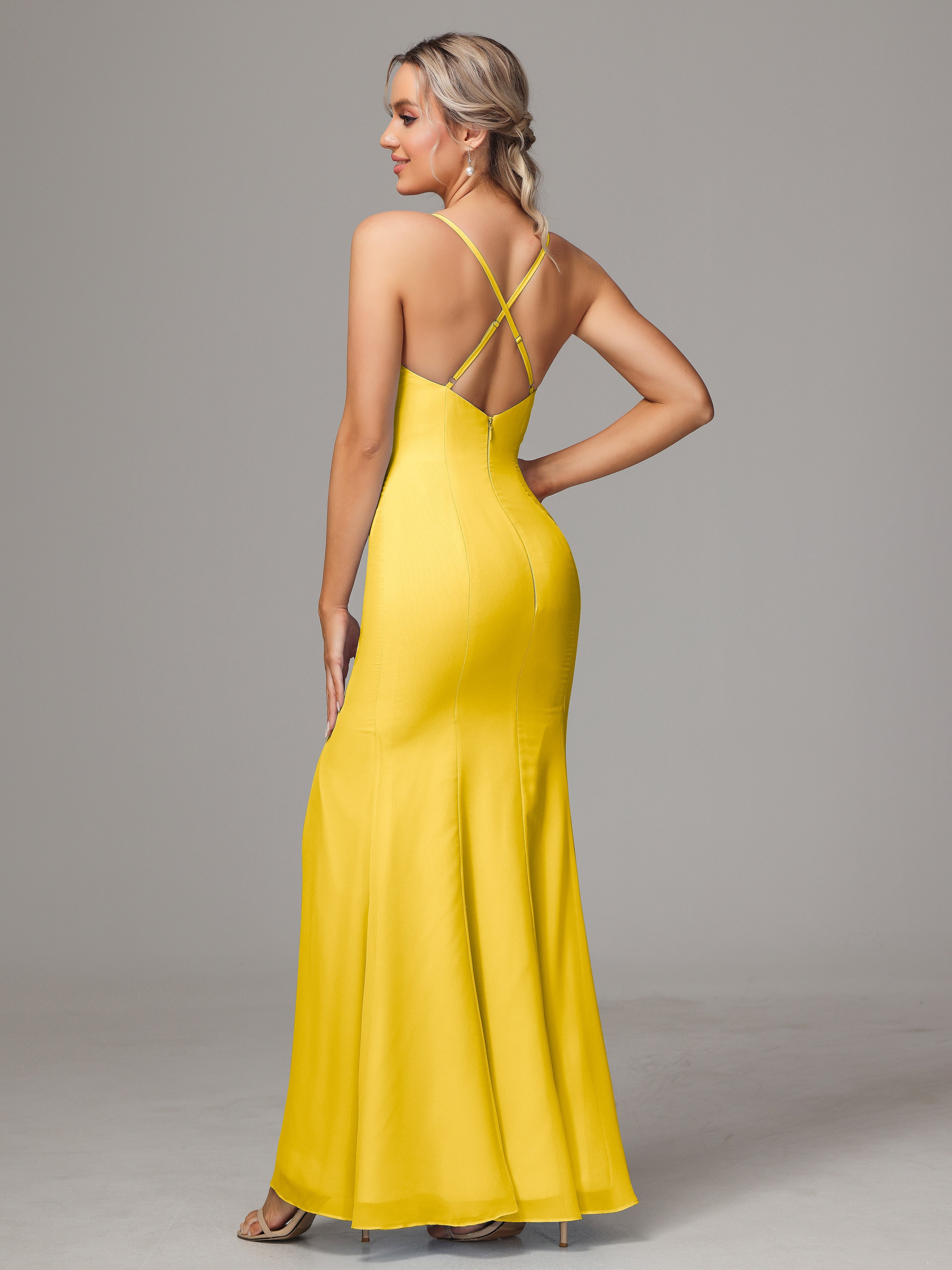 Spaghetti Straps Cross Back Chiffon Wedding Guest Dress